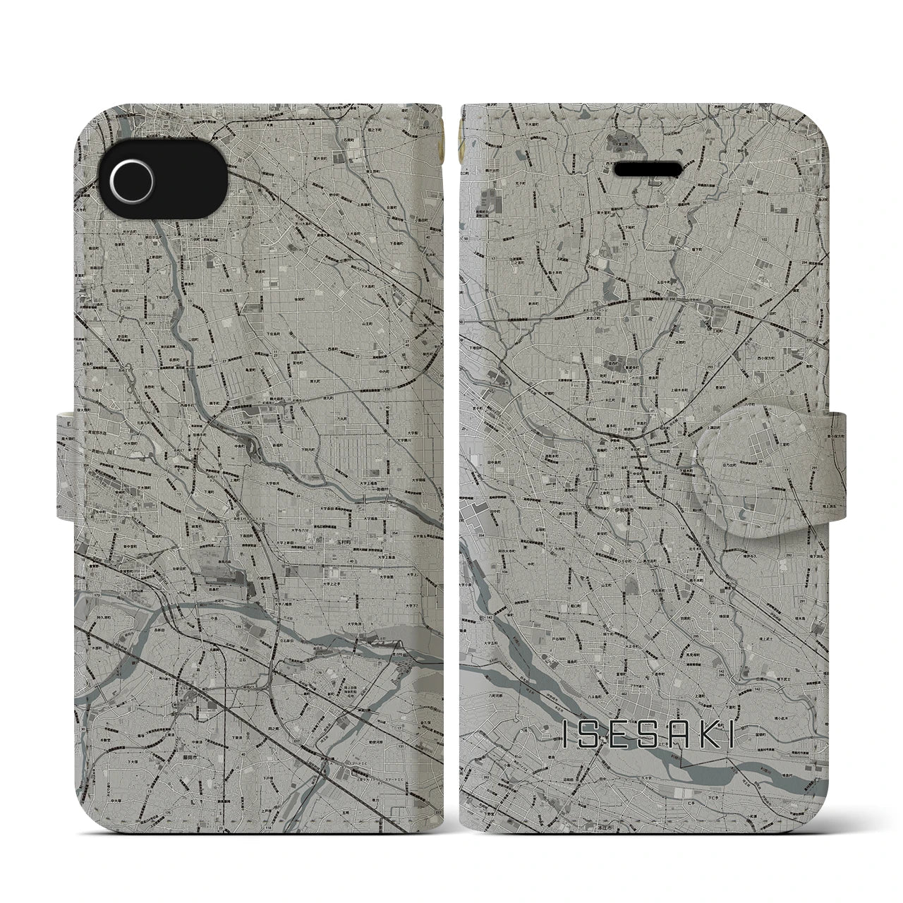 【伊勢崎(群馬県)】地図柄iPhoneケース(手帳タイプ)モノトーン・iPhone SE(第3 / 第2世代) / 8 / 7 / 6s / 6 用