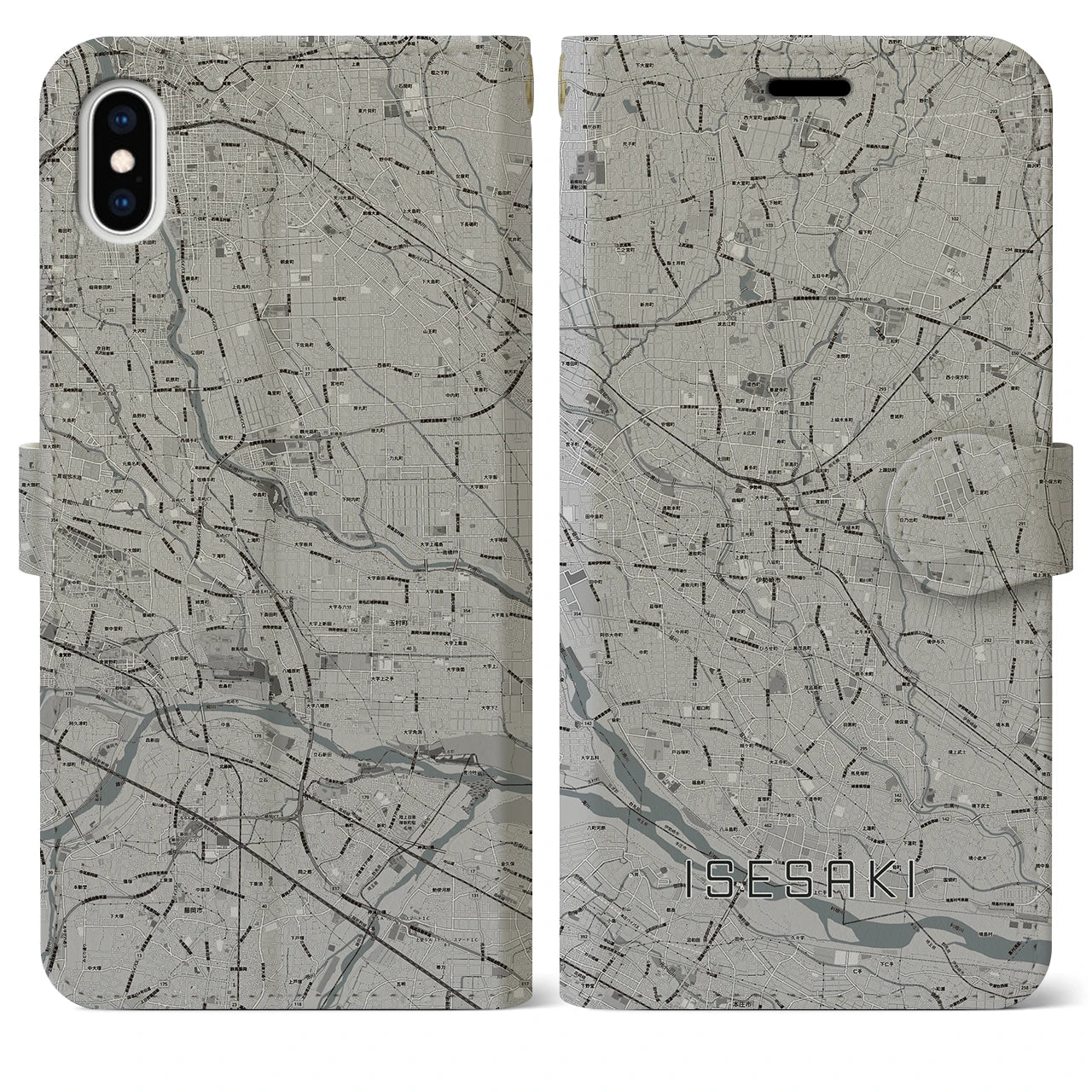 【伊勢崎(群馬県)】地図柄iPhoneケース(手帳タイプ)モノトーン・iPhone XS Max 用