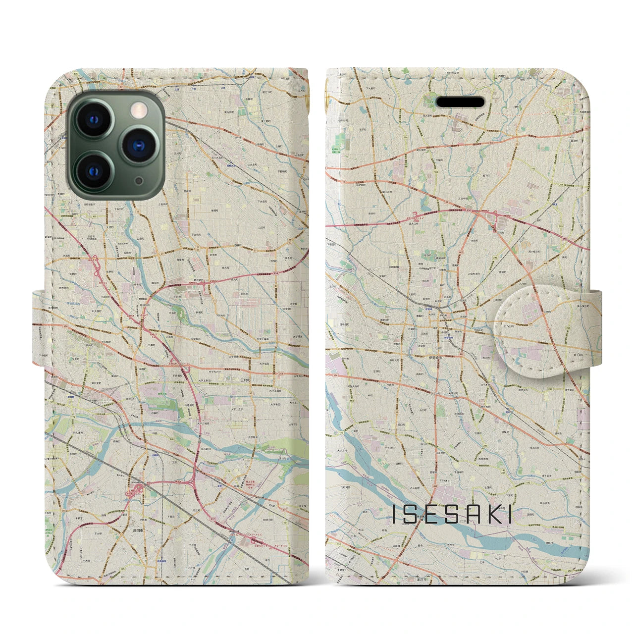 【伊勢崎(群馬県)】地図柄iPhoneケース(手帳タイプ)ナチュラル・iPhone 11 Pro 用