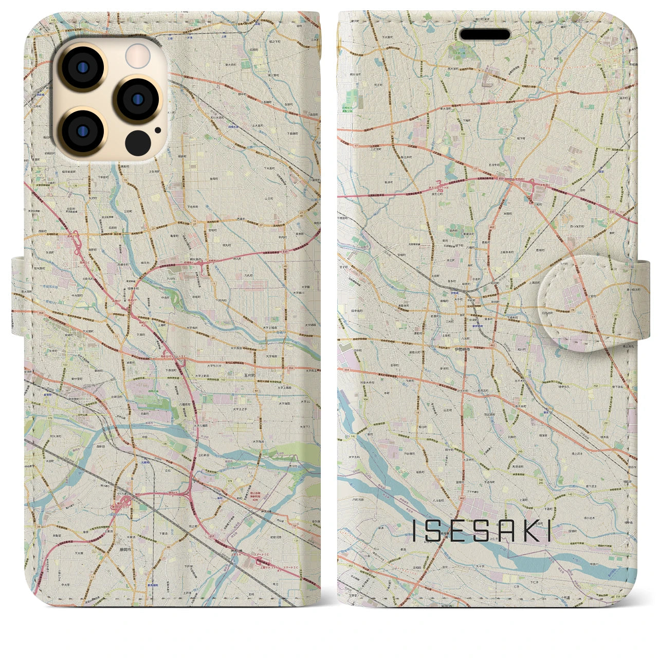 【伊勢崎(群馬県)】地図柄iPhoneケース(手帳タイプ)ナチュラル・iPhone 12 Pro Max 用