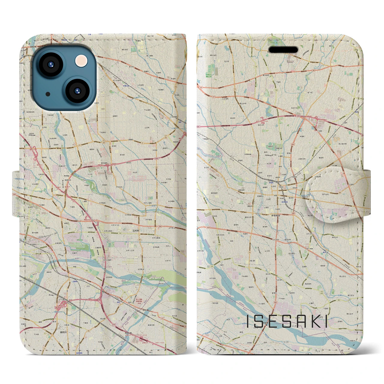 【伊勢崎(群馬県)】地図柄iPhoneケース(手帳タイプ)ナチュラル・iPhone 13 用