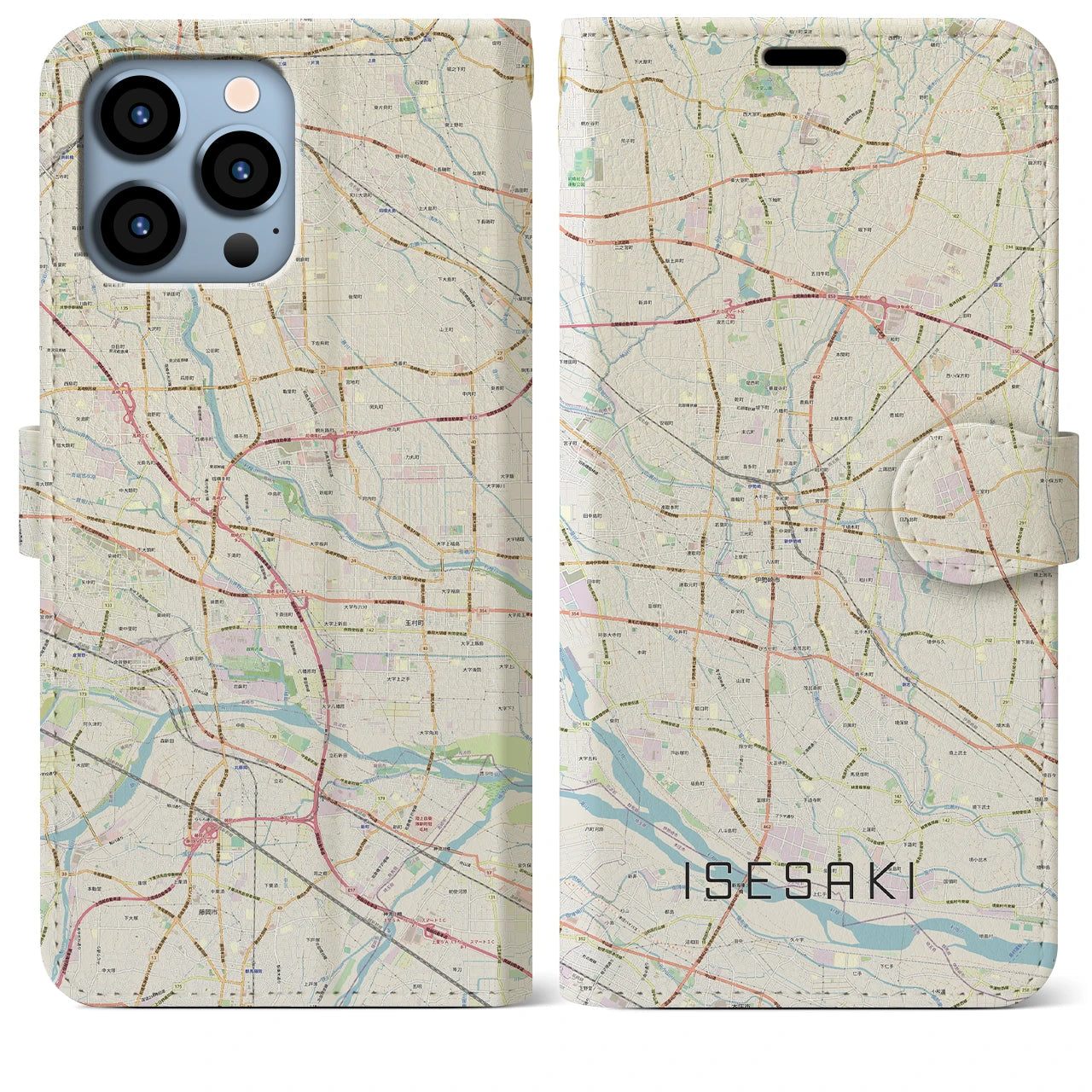 【伊勢崎(群馬県)】地図柄iPhoneケース(手帳タイプ)ナチュラル・iPhone 13 Pro Max 用