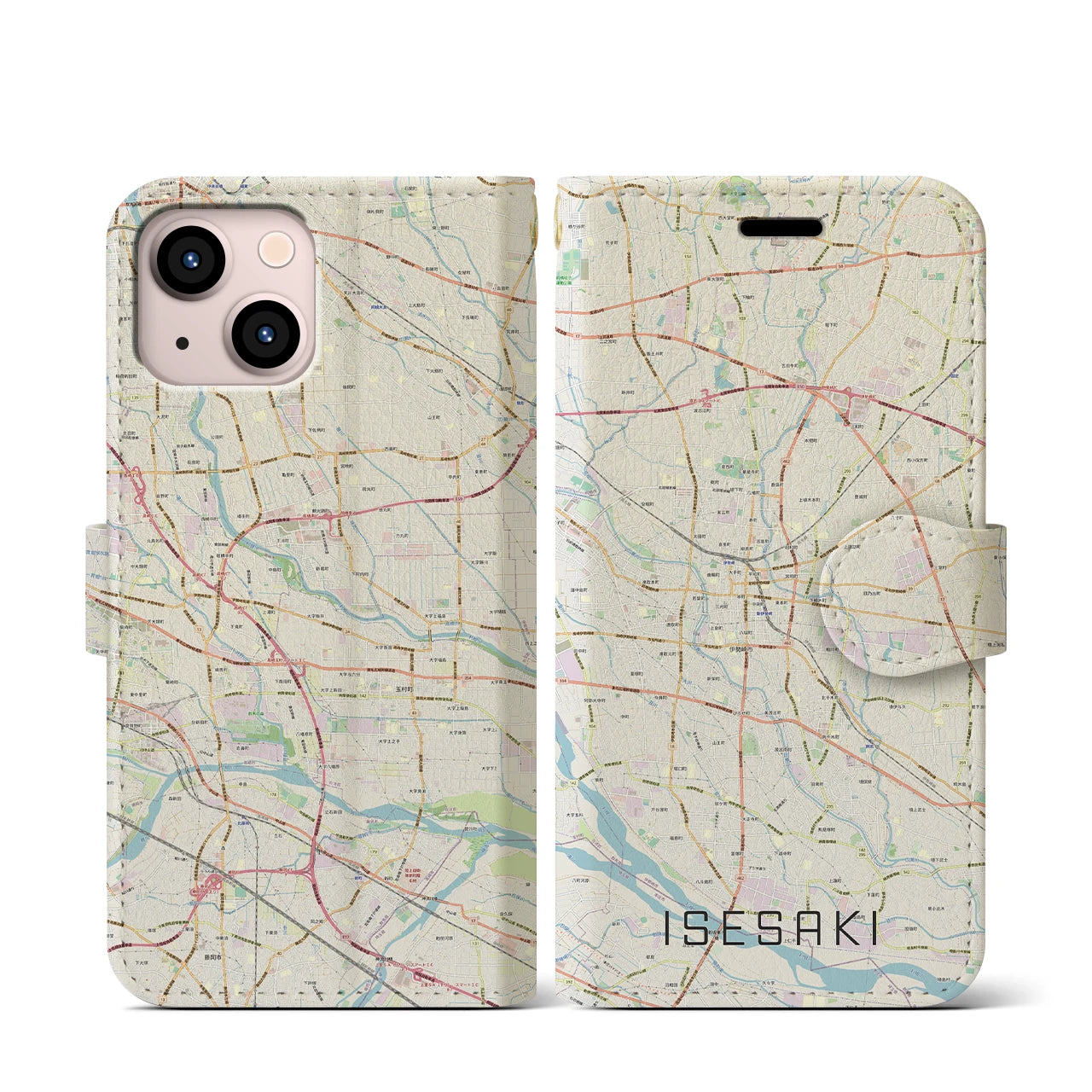 【伊勢崎(群馬県)】地図柄iPhoneケース(手帳タイプ)ナチュラル・iPhone 13 mini 用