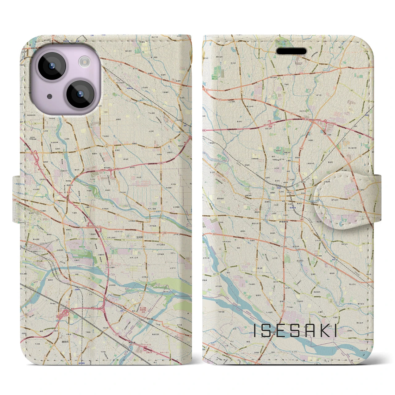 【伊勢崎(群馬県)】地図柄iPhoneケース(手帳タイプ)ナチュラル・iPhone 14 用