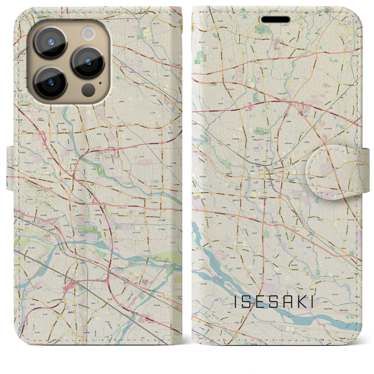 【伊勢崎(群馬県)】地図柄iPhoneケース(手帳タイプ)ナチュラル・iPhone 14 Pro Max 用
