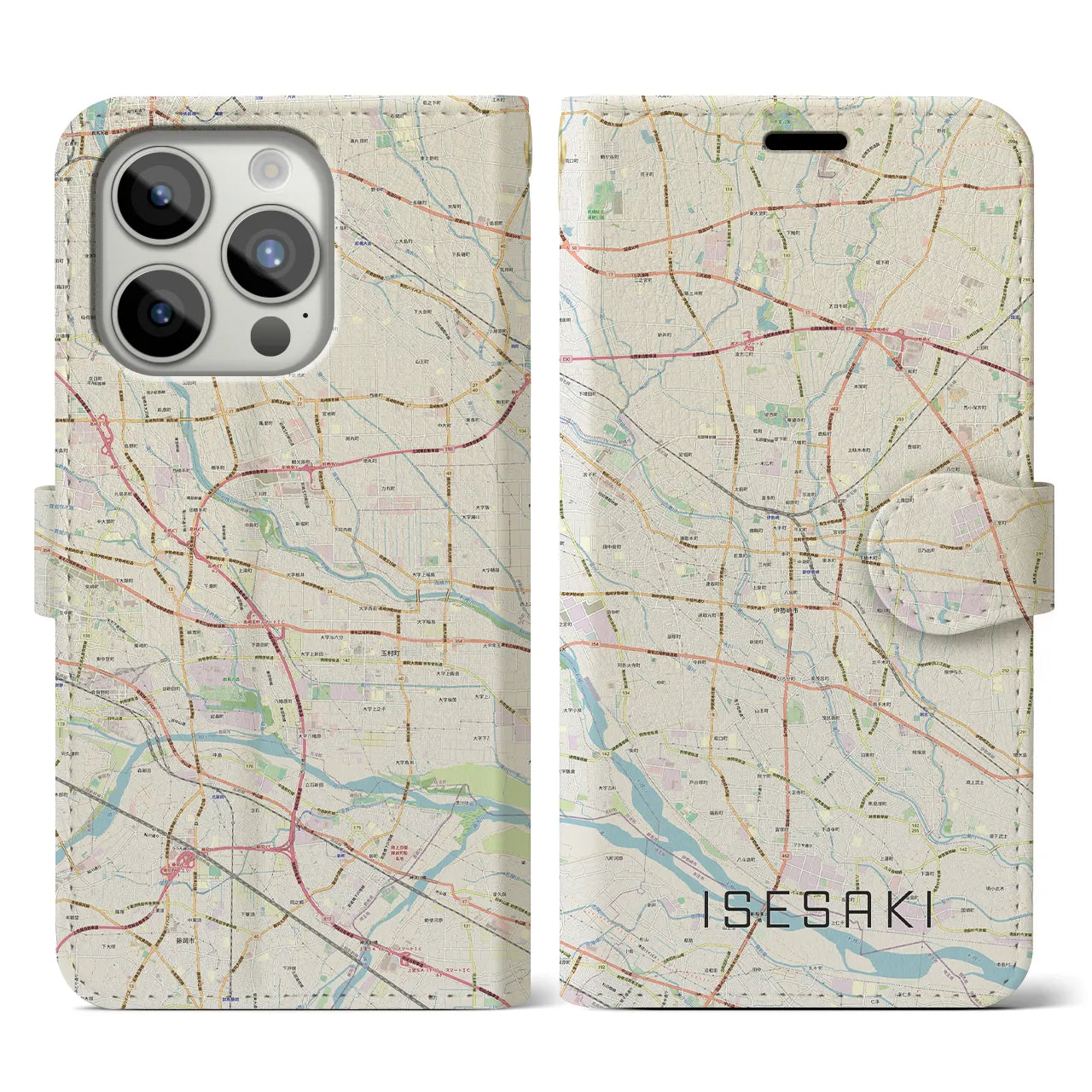 【伊勢崎(群馬県)】地図柄iPhoneケース(手帳タイプ)ナチュラル・iPhone 15 Pro 用