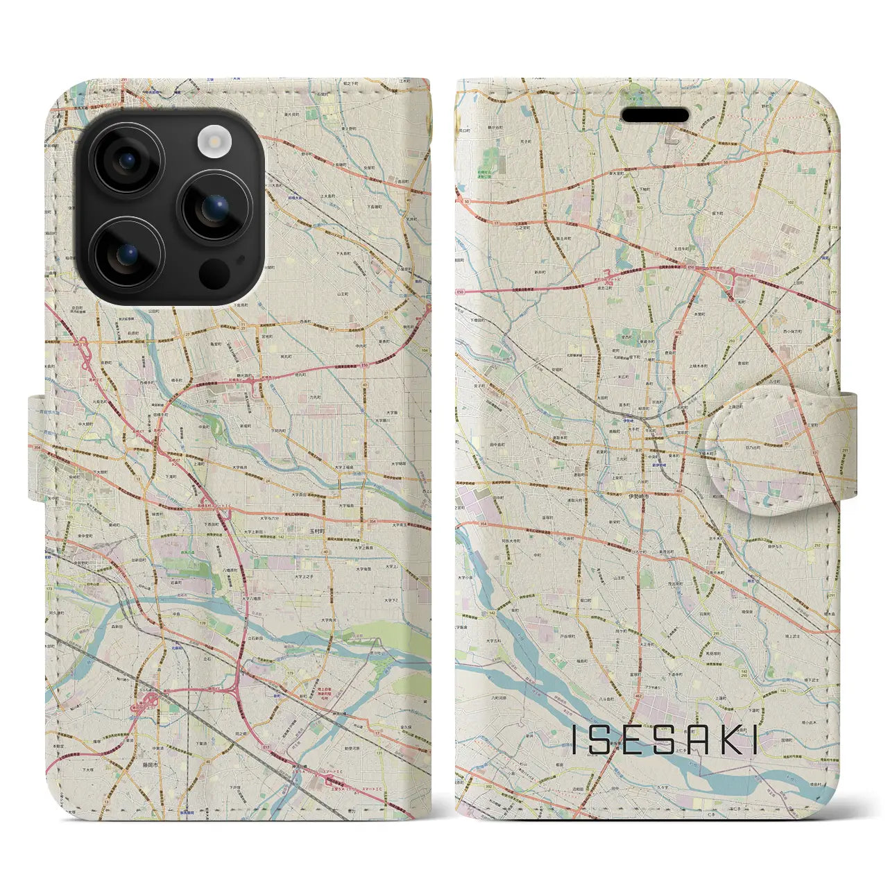 【伊勢崎(群馬県)】地図柄iPhoneケース(手帳タイプ)ナチュラル・iPhone 16 用