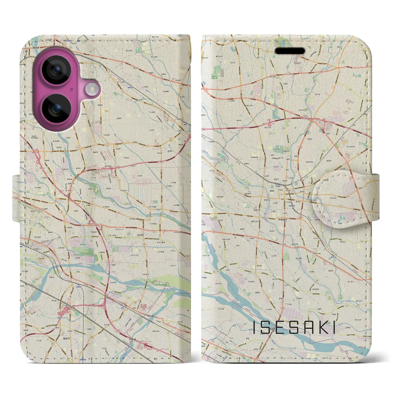 【伊勢崎(群馬県)】地図柄iPhoneケース(手帳タイプ)ナチュラル・iPhone 16 Pro 用