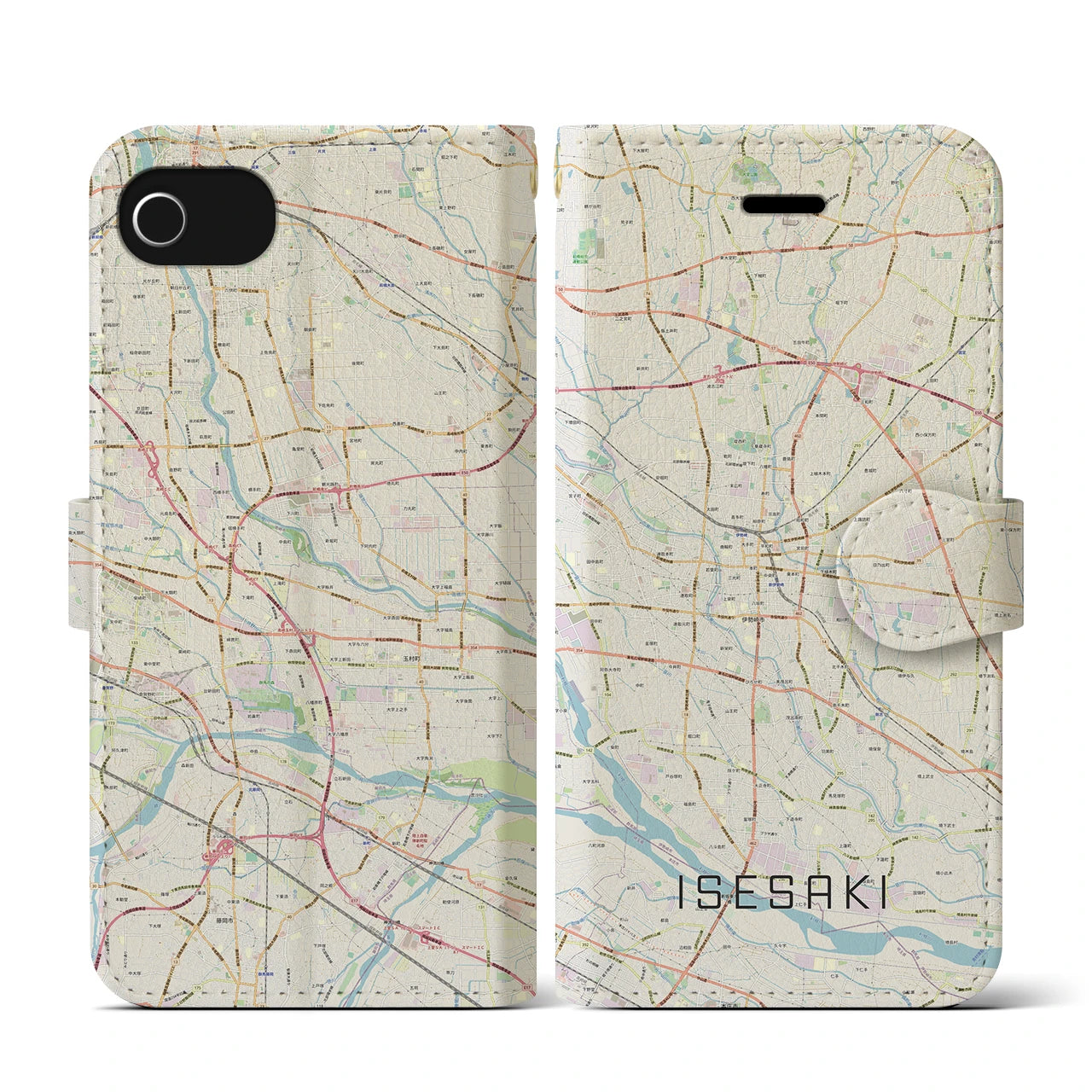 【伊勢崎(群馬県)】地図柄iPhoneケース(手帳タイプ)ナチュラル・iPhone SE(第3 / 第2世代) / 8 / 7 / 6s / 6 用