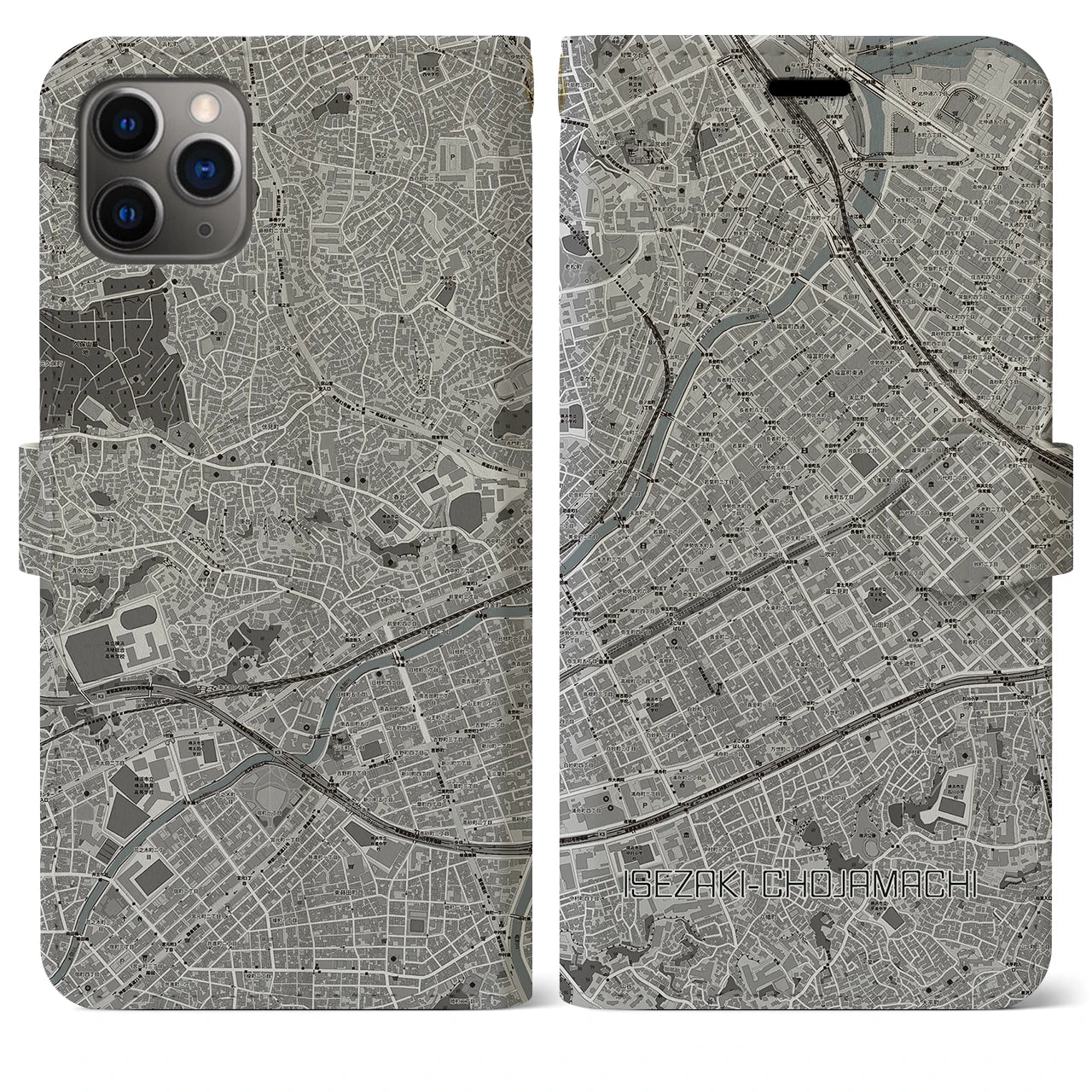 【伊勢佐木長者町(神奈川県)】地図柄iPhoneケース(手帳タイプ)モノトーン・iPhone 11 Pro Max 用