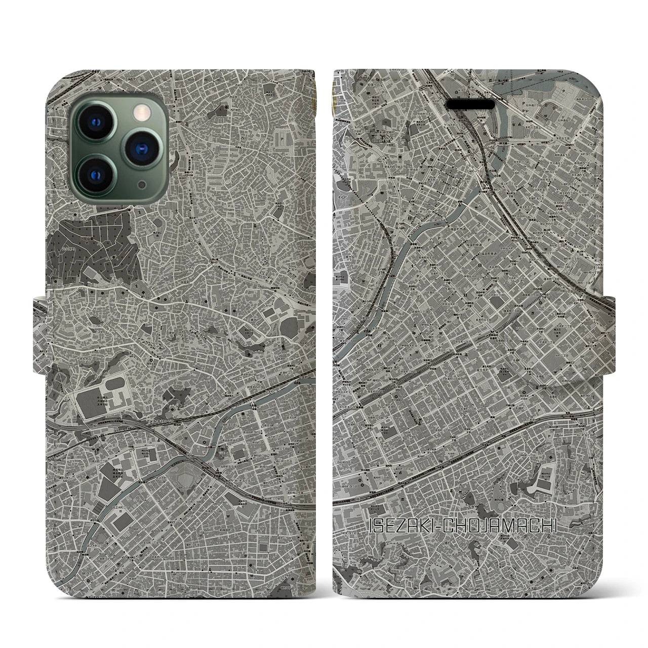 【伊勢佐木長者町(神奈川県)】地図柄iPhoneケース(手帳タイプ)モノトーン・iPhone 11 Pro 用