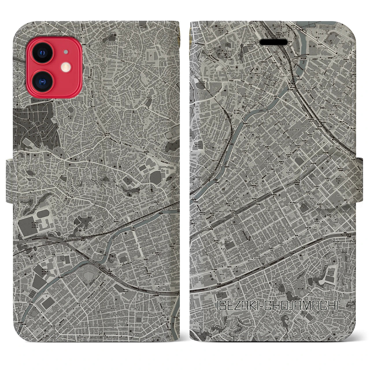 【伊勢佐木長者町(神奈川県)】地図柄iPhoneケース(手帳タイプ)モノトーン・iPhone 11 用