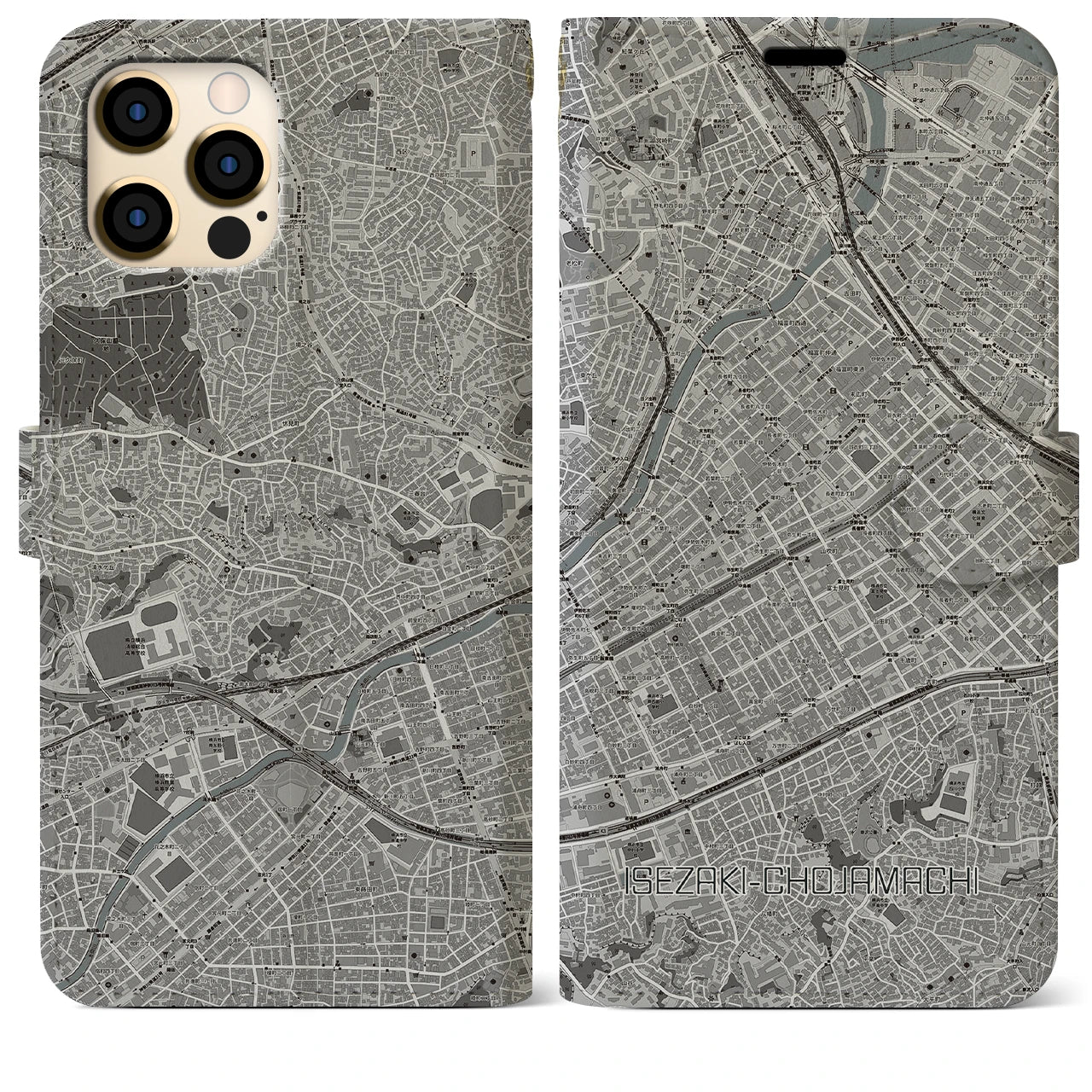 【伊勢佐木長者町(神奈川県)】地図柄iPhoneケース(手帳タイプ)モノトーン・iPhone 12 Pro Max 用