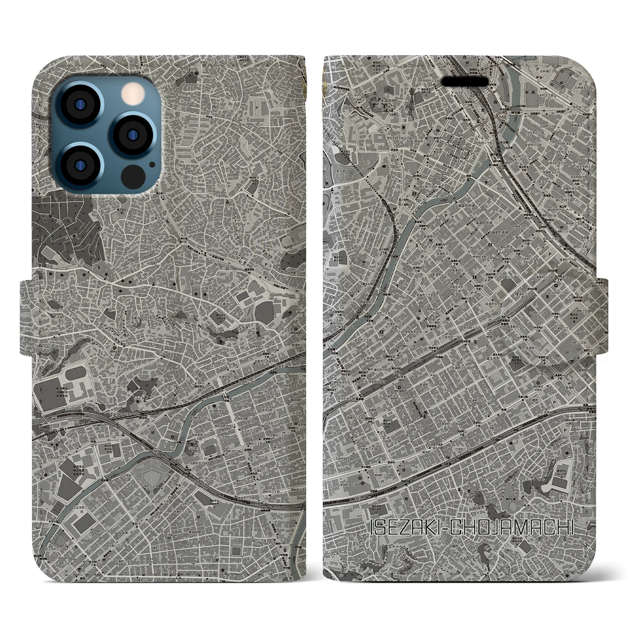 【伊勢佐木長者町(神奈川県)】地図柄iPhoneケース(手帳タイプ)モノトーン・iPhone 12 / 12 Pro 用
