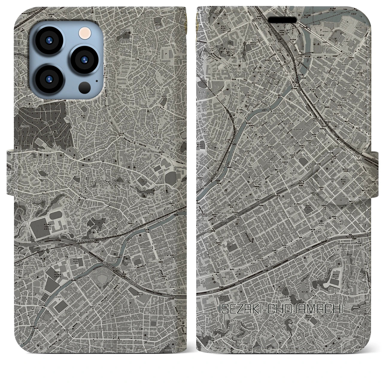 【伊勢佐木長者町(神奈川県)】地図柄iPhoneケース(手帳タイプ)モノトーン・iPhone 13 Pro Max 用