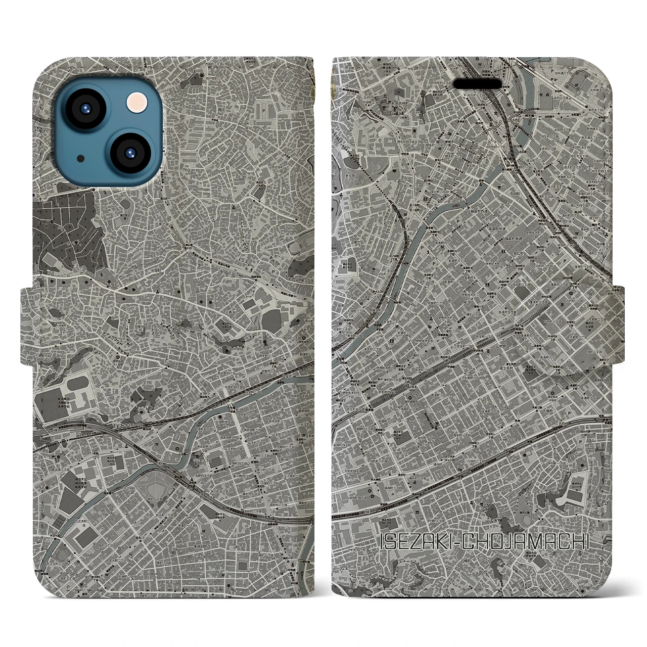 【伊勢佐木長者町(神奈川県)】地図柄iPhoneケース(手帳タイプ)モノトーン・iPhone 13 用