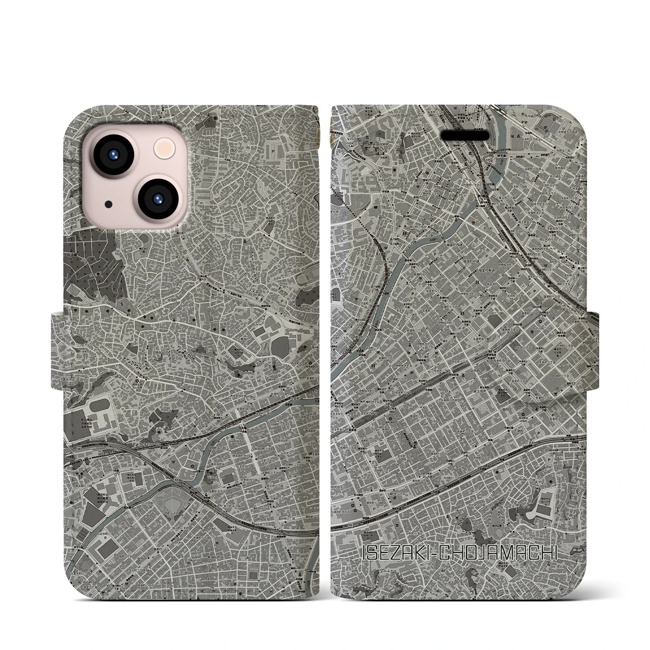 【伊勢佐木長者町(神奈川県)】地図柄iPhoneケース(手帳タイプ)モノトーン・iPhone 13 mini 用