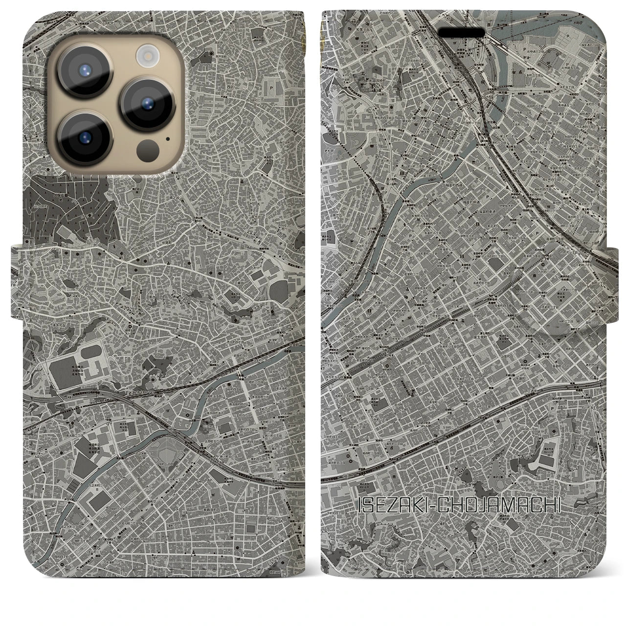 【伊勢佐木長者町(神奈川県)】地図柄iPhoneケース(手帳タイプ)モノトーン・iPhone 14 Pro Max 用