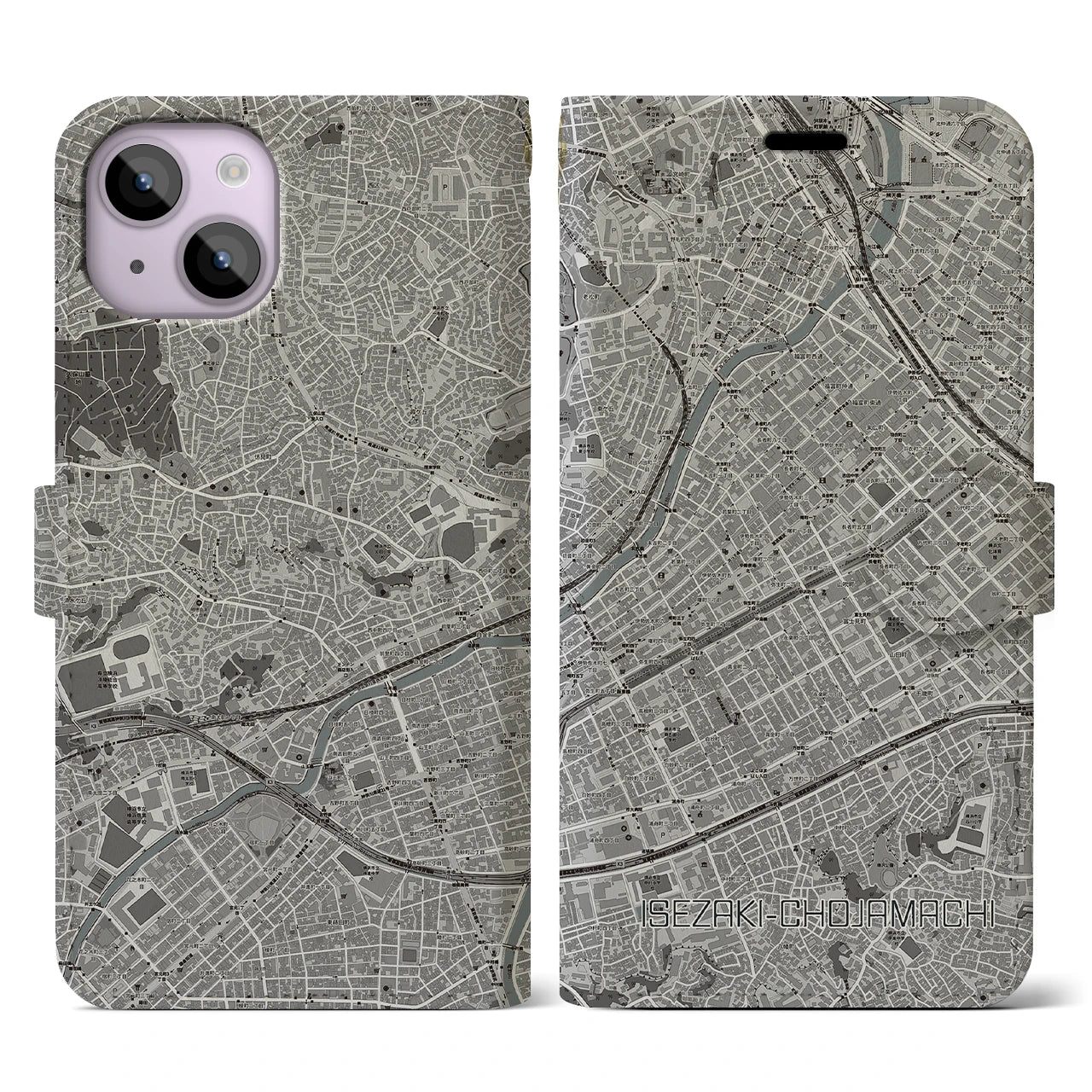 【伊勢佐木長者町(神奈川県)】地図柄iPhoneケース(手帳タイプ)モノトーン・iPhone 14 用