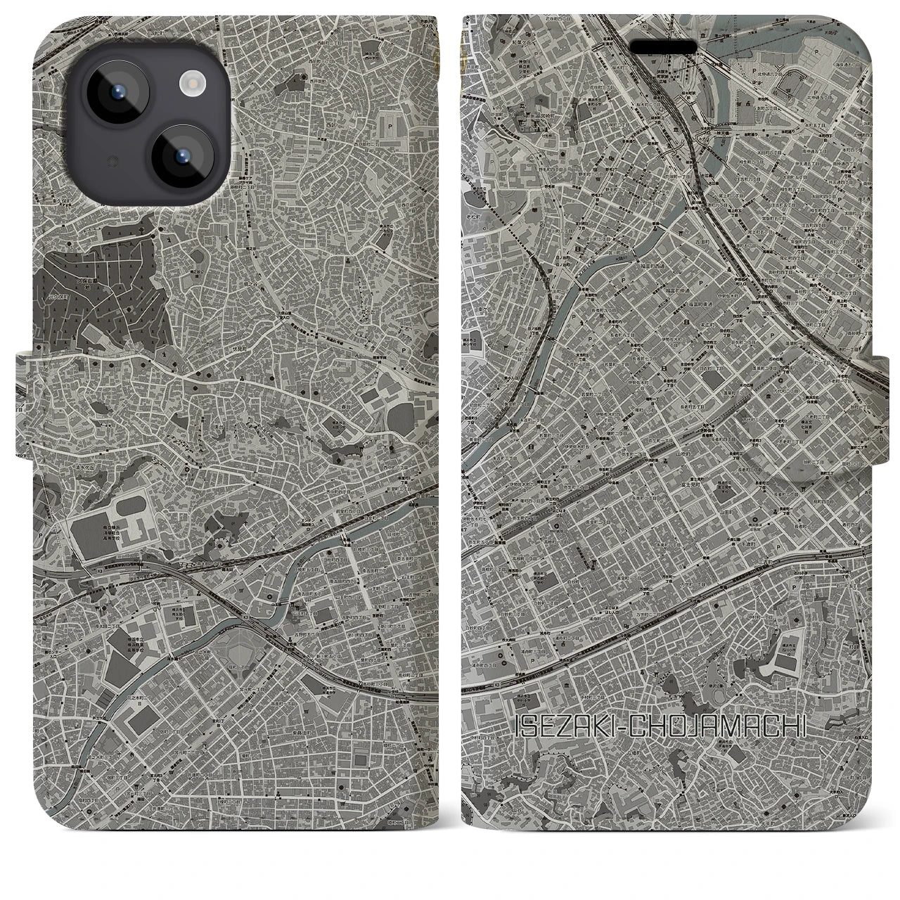 【伊勢佐木長者町(神奈川県)】地図柄iPhoneケース(手帳タイプ)モノトーン・iPhone 14 Plus 用