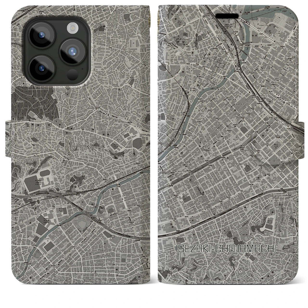 【伊勢佐木長者町(神奈川県)】地図柄iPhoneケース(手帳タイプ)モノトーン・iPhone 15 Pro Max 用