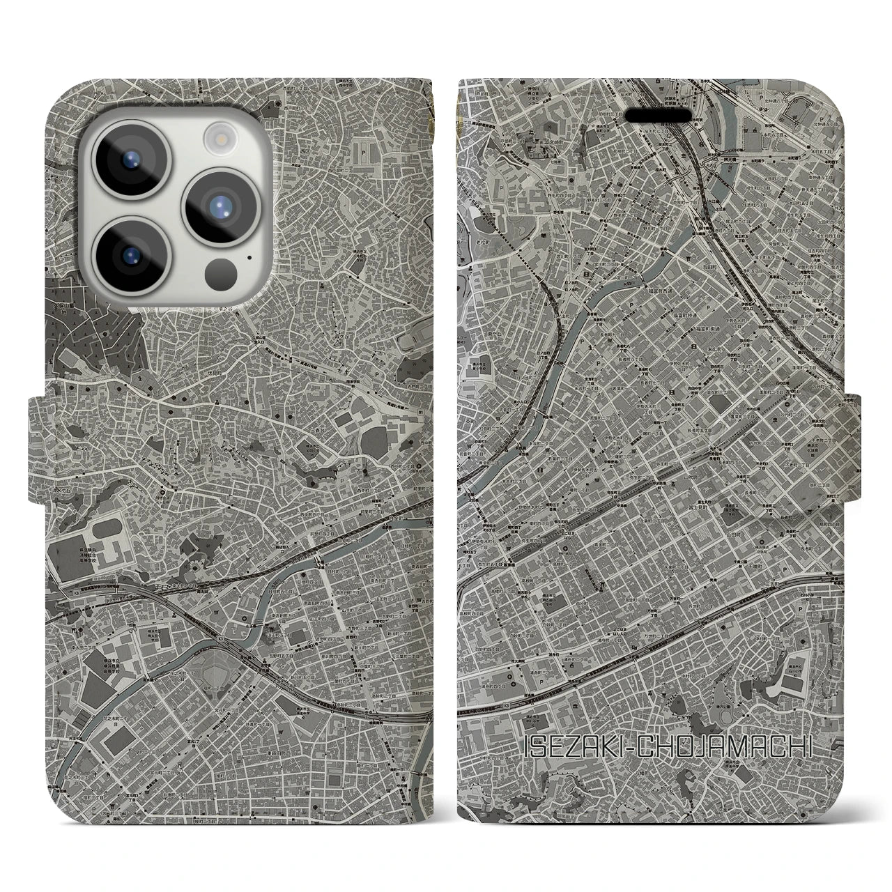 【伊勢佐木長者町(神奈川県)】地図柄iPhoneケース(手帳タイプ)モノトーン・iPhone 15 Pro 用