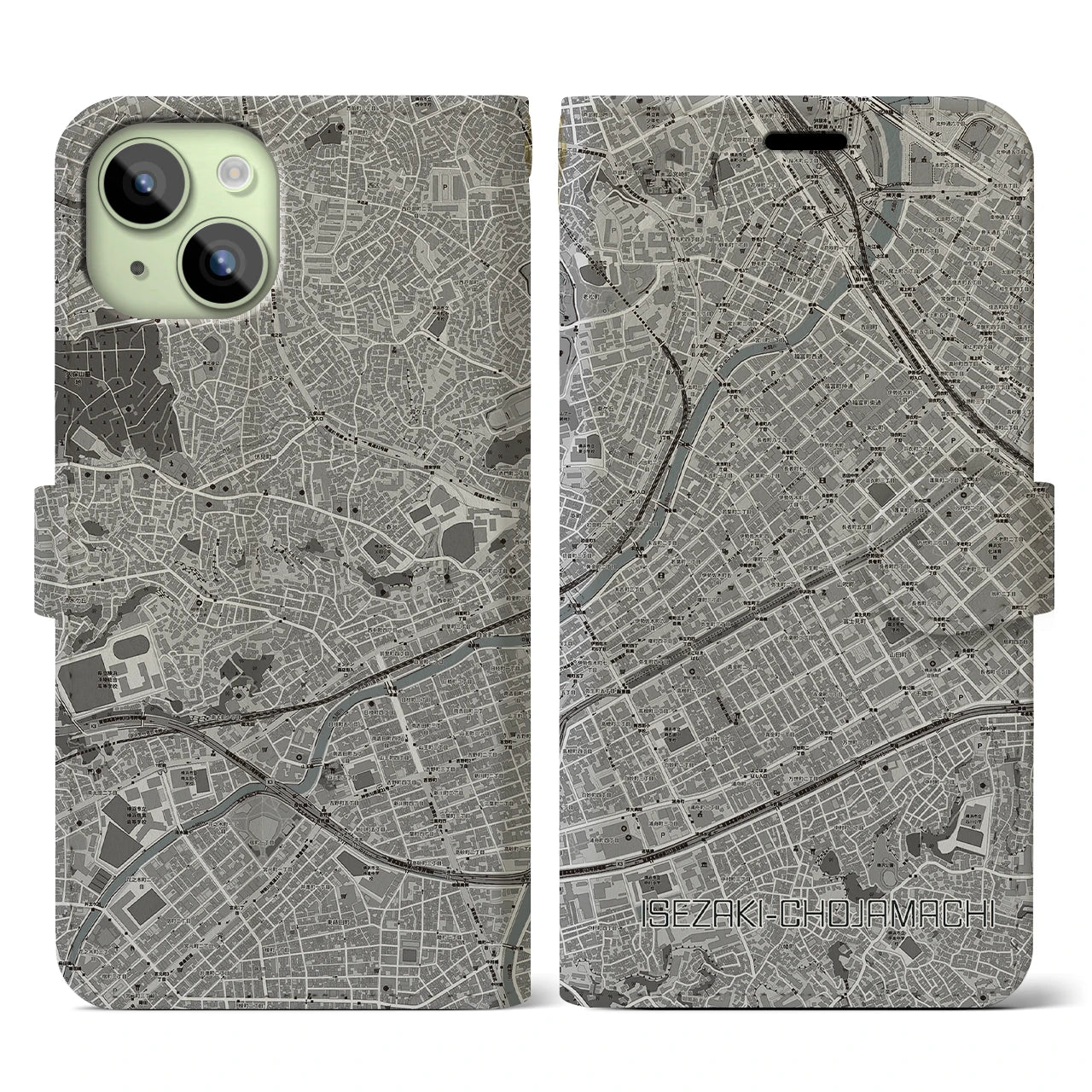 【伊勢佐木長者町(神奈川県)】地図柄iPhoneケース(手帳タイプ)モノトーン・iPhone 15 用