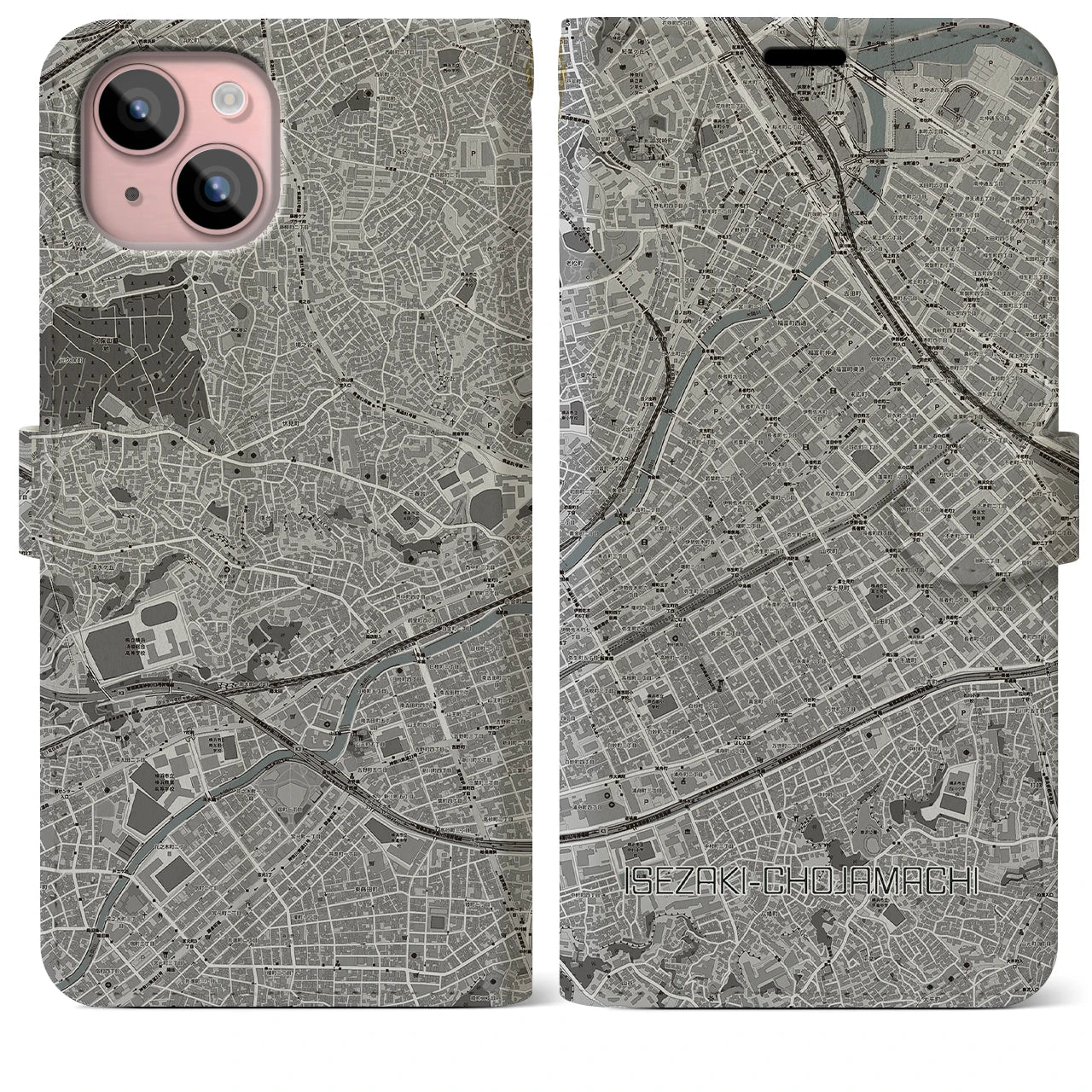 【伊勢佐木長者町(神奈川県)】地図柄iPhoneケース(手帳タイプ)モノトーン・iPhone 15 Plus 用