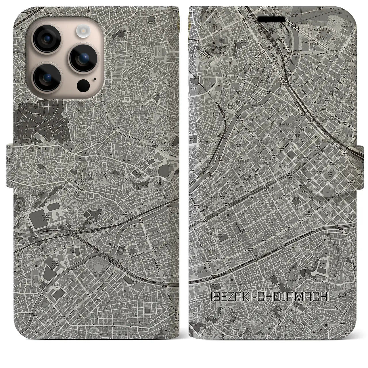 【伊勢佐木長者町(神奈川県)】地図柄iPhoneケース(手帳タイプ)モノトーン・iPhone 16 Plus 用