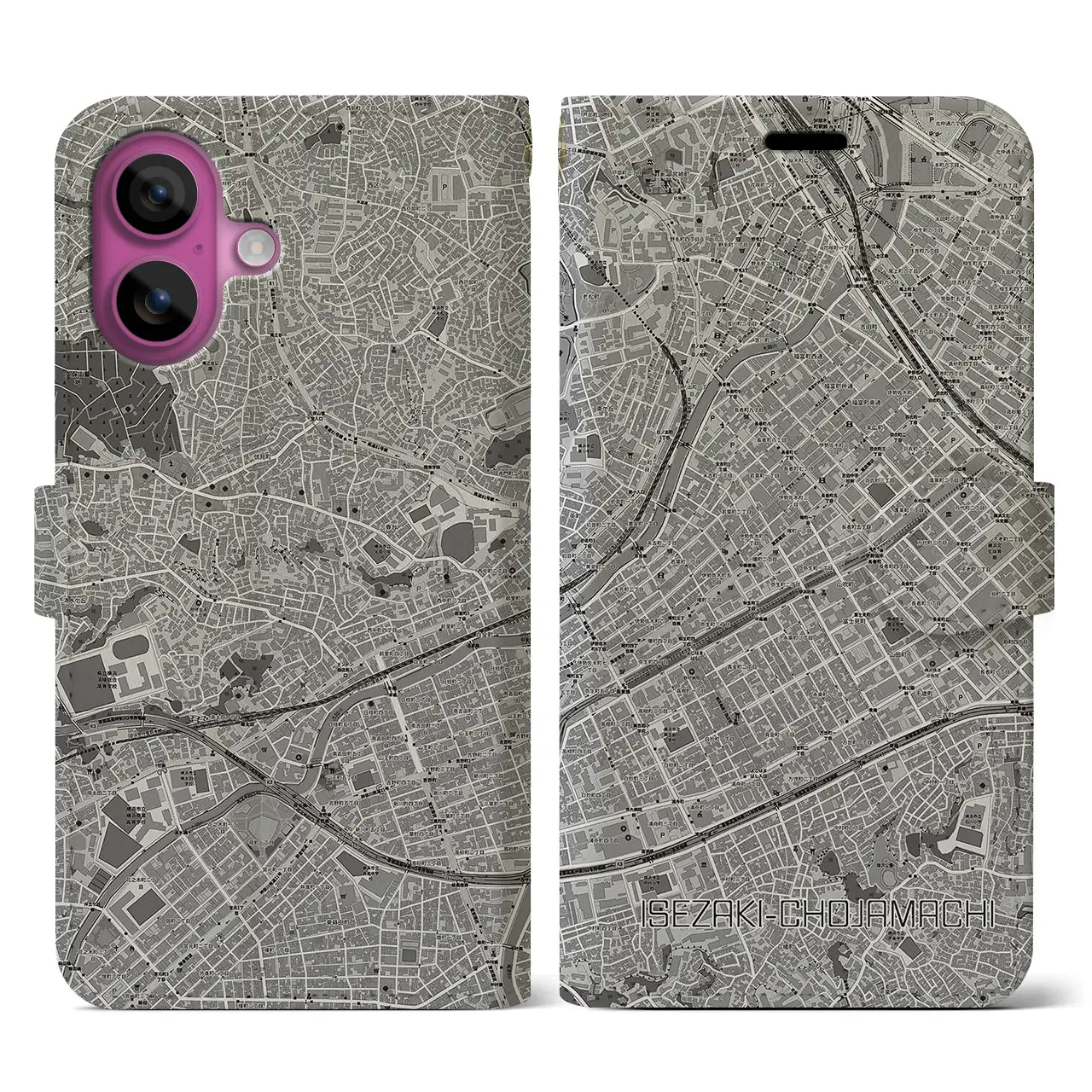 【伊勢佐木長者町(神奈川県)】地図柄iPhoneケース(手帳タイプ)モノトーン・iPhone 16 Pro 用