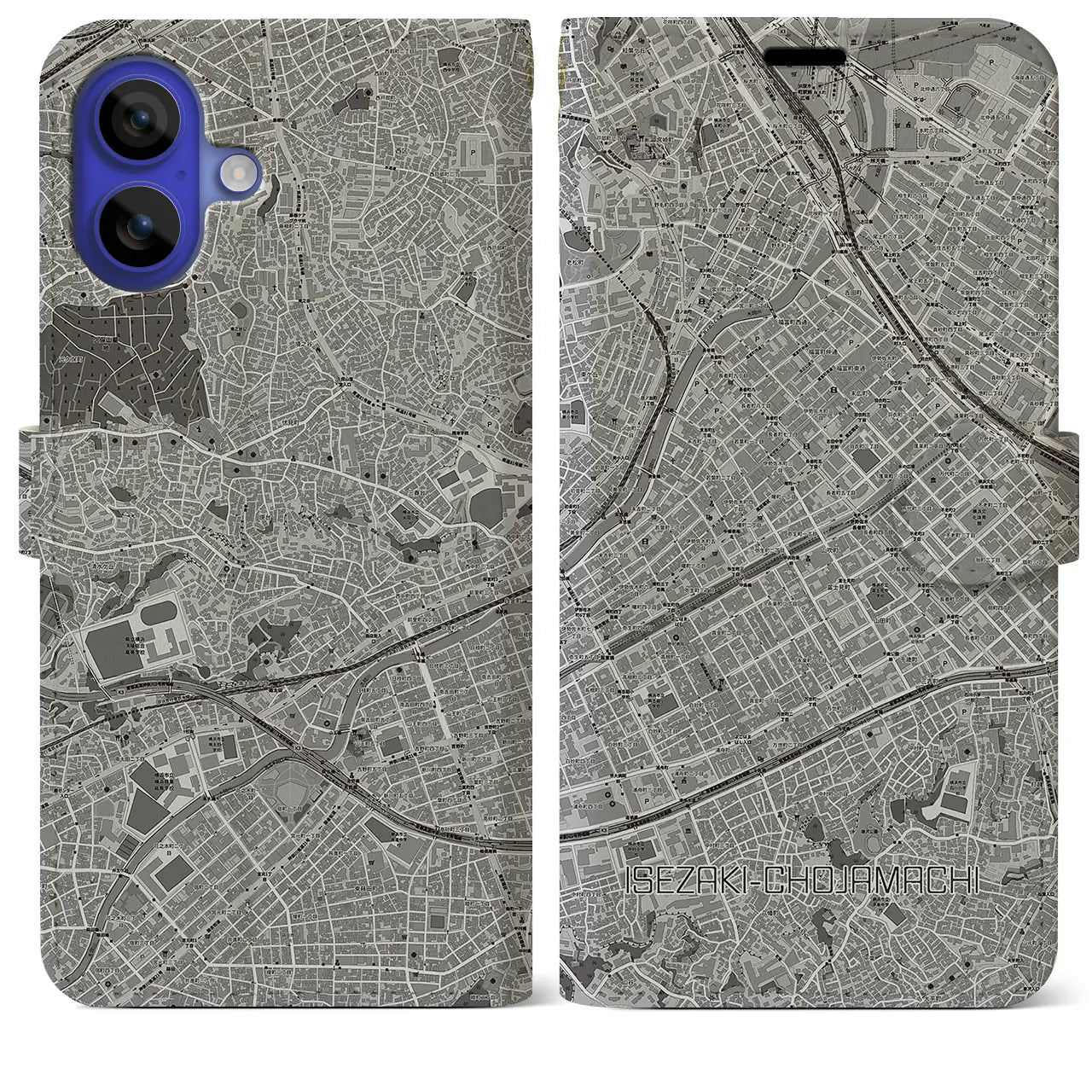 【伊勢佐木長者町(神奈川県)】地図柄iPhoneケース(手帳タイプ)モノトーン・iPhone 16 Pro Max 用