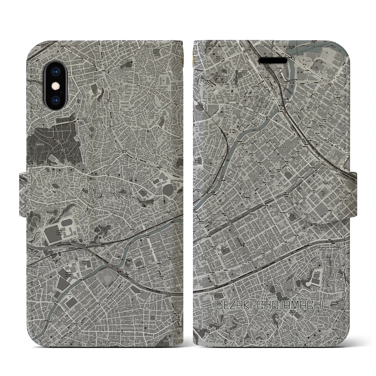 【伊勢佐木長者町(神奈川県)】地図柄iPhoneケース(手帳タイプ)モノトーン・iPhone XS / X 用