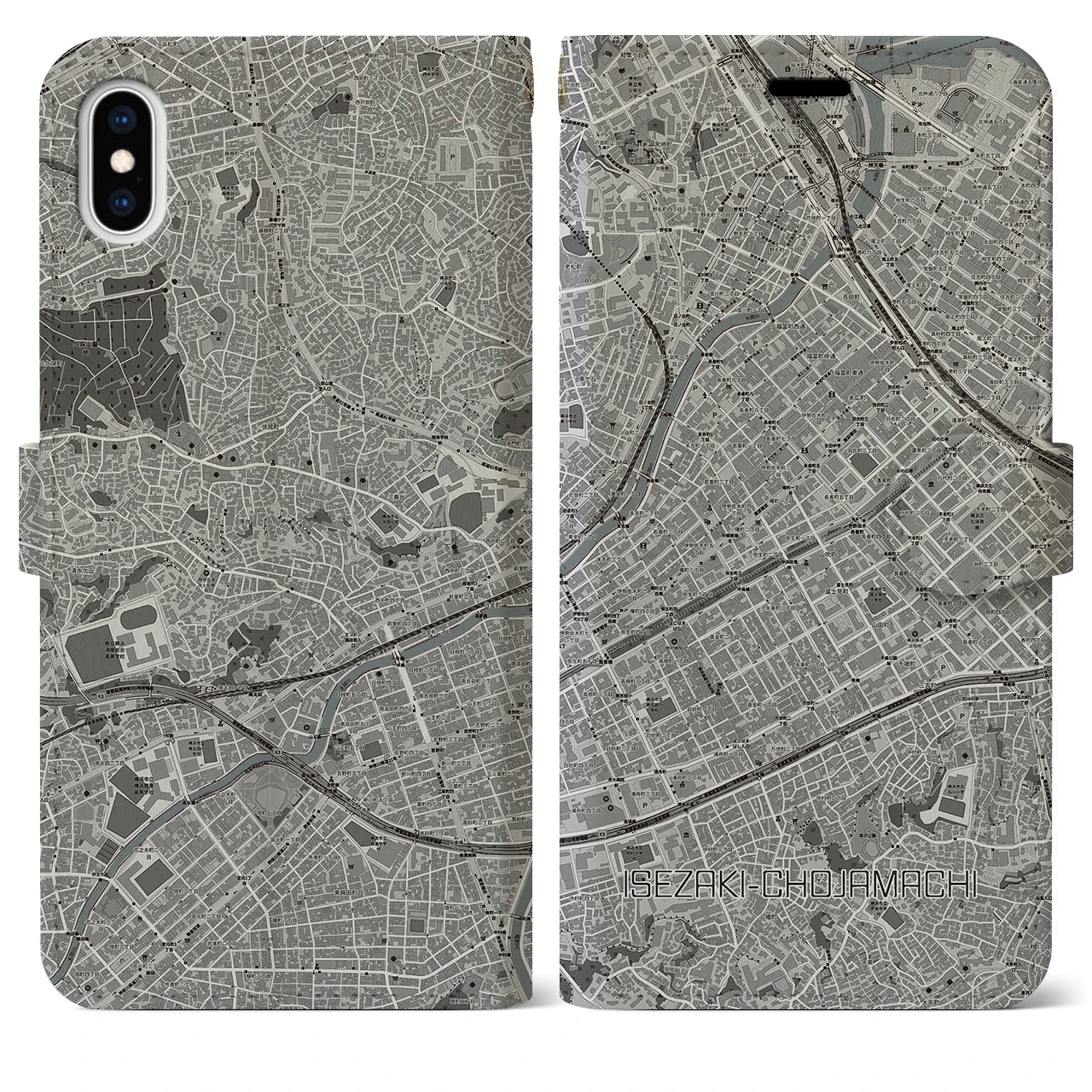 【伊勢佐木長者町(神奈川県)】地図柄iPhoneケース(手帳タイプ)モノトーン・iPhone XS Max 用