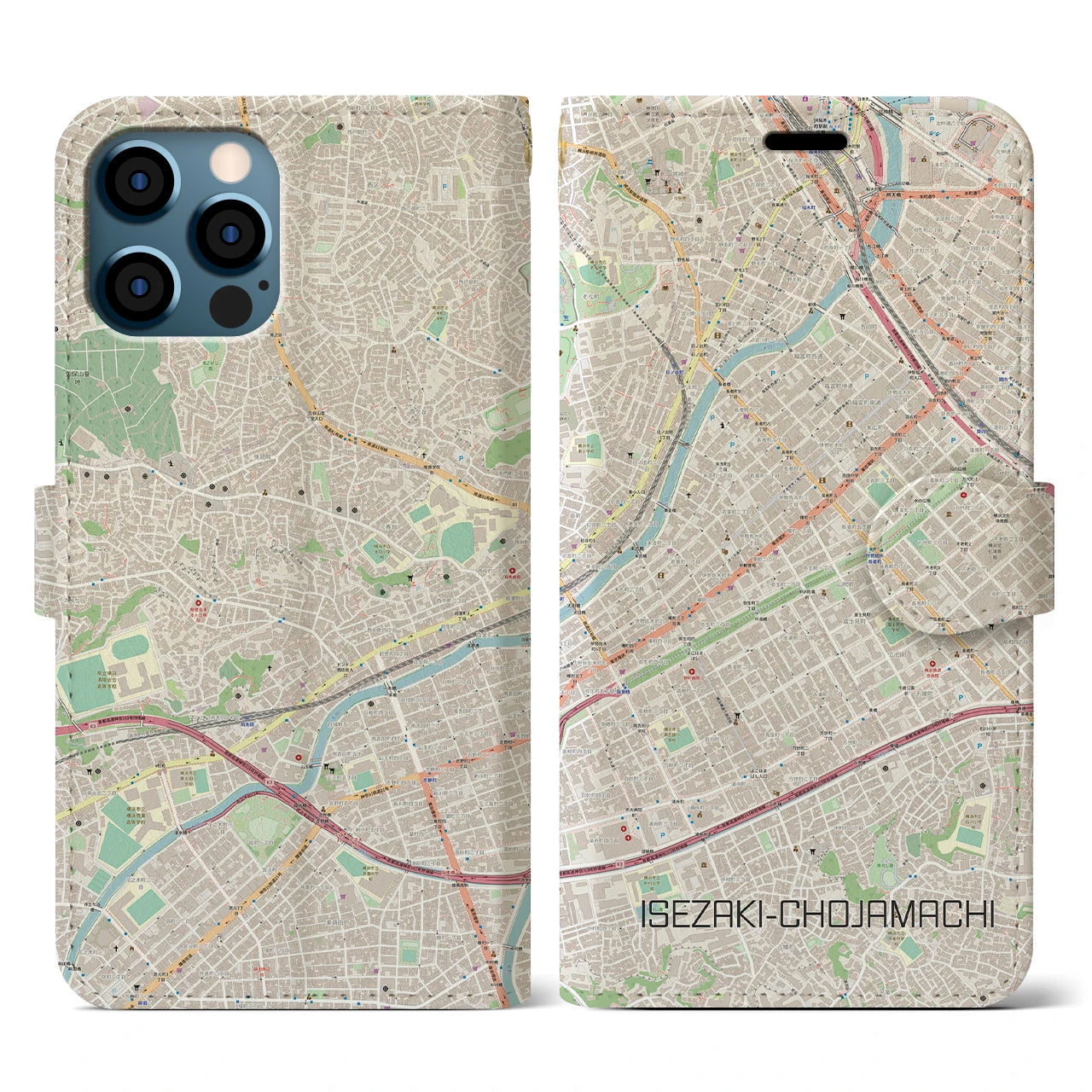 【伊勢佐木長者町(神奈川県)】地図柄iPhoneケース(手帳タイプ)ナチュラル・iPhone 12 / 12 Pro 用