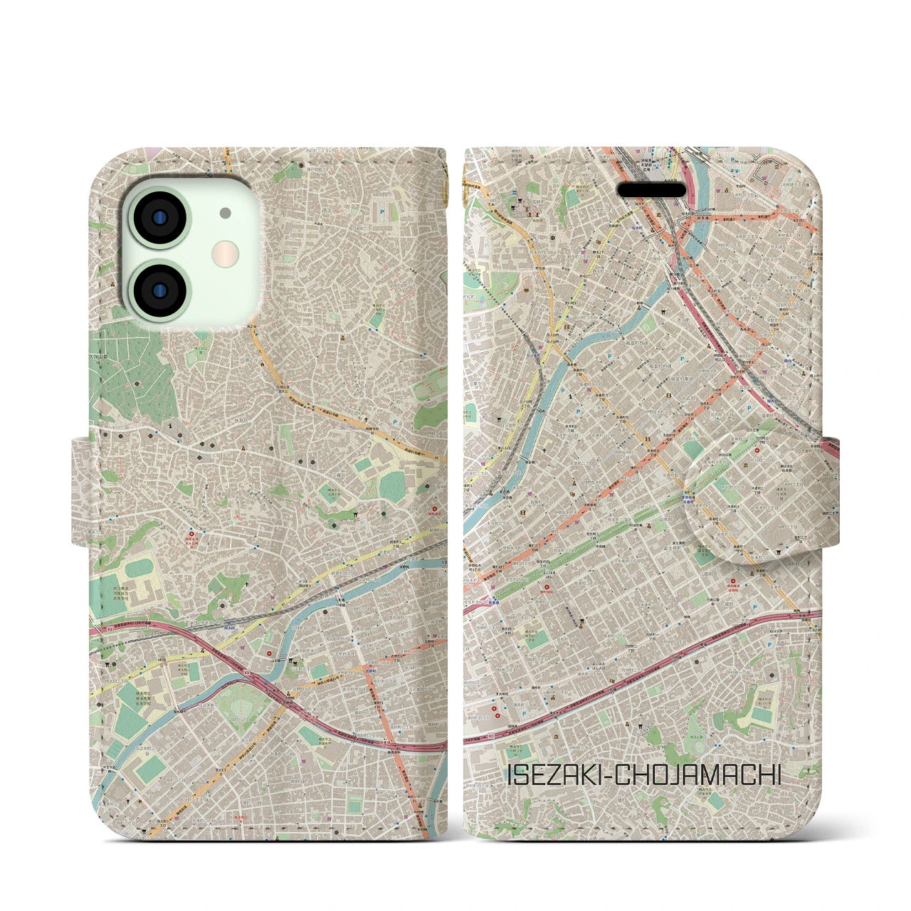 【伊勢佐木長者町(神奈川県)】地図柄iPhoneケース(手帳タイプ)ナチュラル・iPhone 12 mini 用