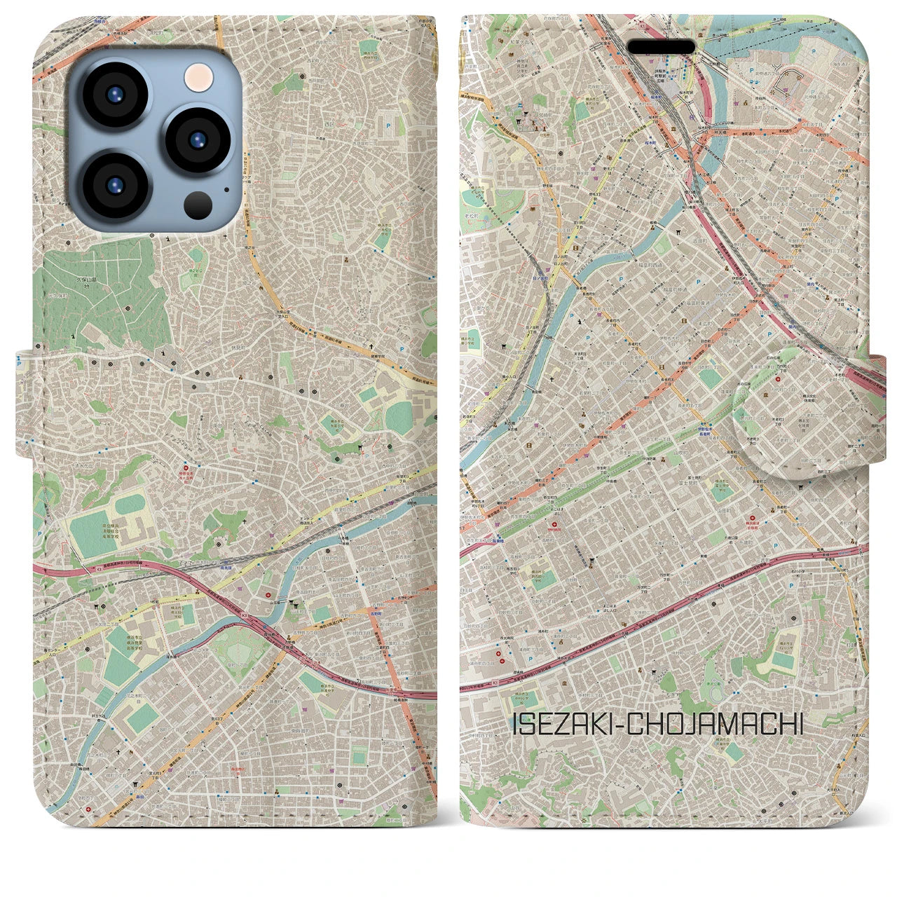 【伊勢佐木長者町(神奈川県)】地図柄iPhoneケース(手帳タイプ)ナチュラル・iPhone 13 Pro Max 用