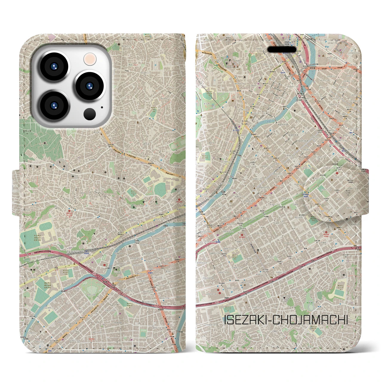 【伊勢佐木長者町(神奈川県)】地図柄iPhoneケース(手帳タイプ)ナチュラル・iPhone 13 Pro 用