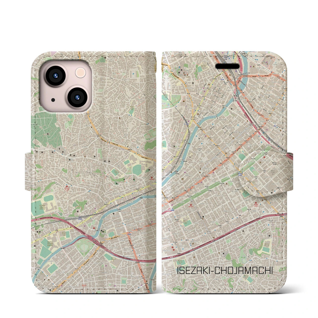 【伊勢佐木長者町(神奈川県)】地図柄iPhoneケース(手帳タイプ)ナチュラル・iPhone 13 mini 用