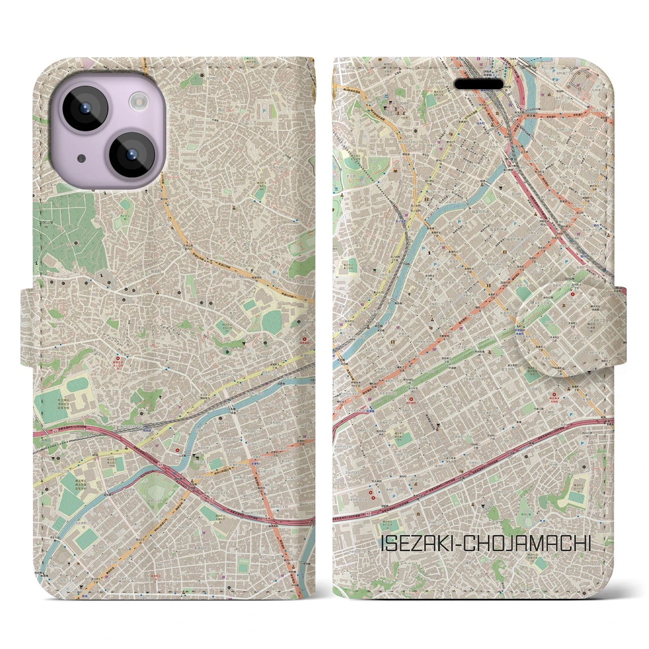【伊勢佐木長者町(神奈川県)】地図柄iPhoneケース(手帳タイプ)ナチュラル・iPhone 14 用