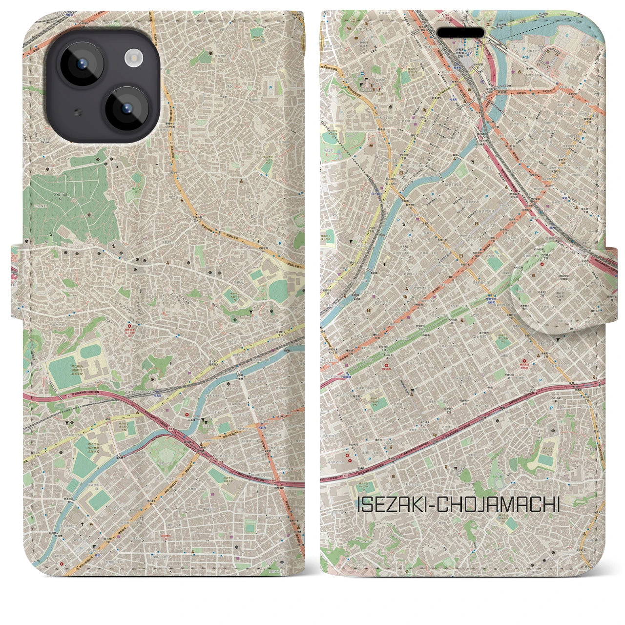 【伊勢佐木長者町(神奈川県)】地図柄iPhoneケース(手帳タイプ)ナチュラル・iPhone 14 Plus 用