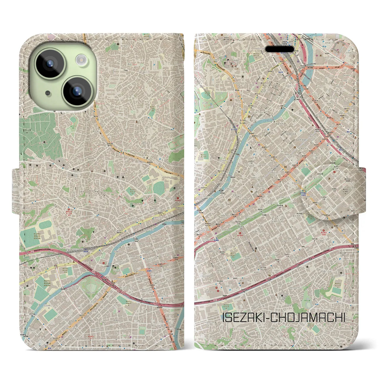 【伊勢佐木長者町(神奈川県)】地図柄iPhoneケース(手帳タイプ)ナチュラル・iPhone 15 用