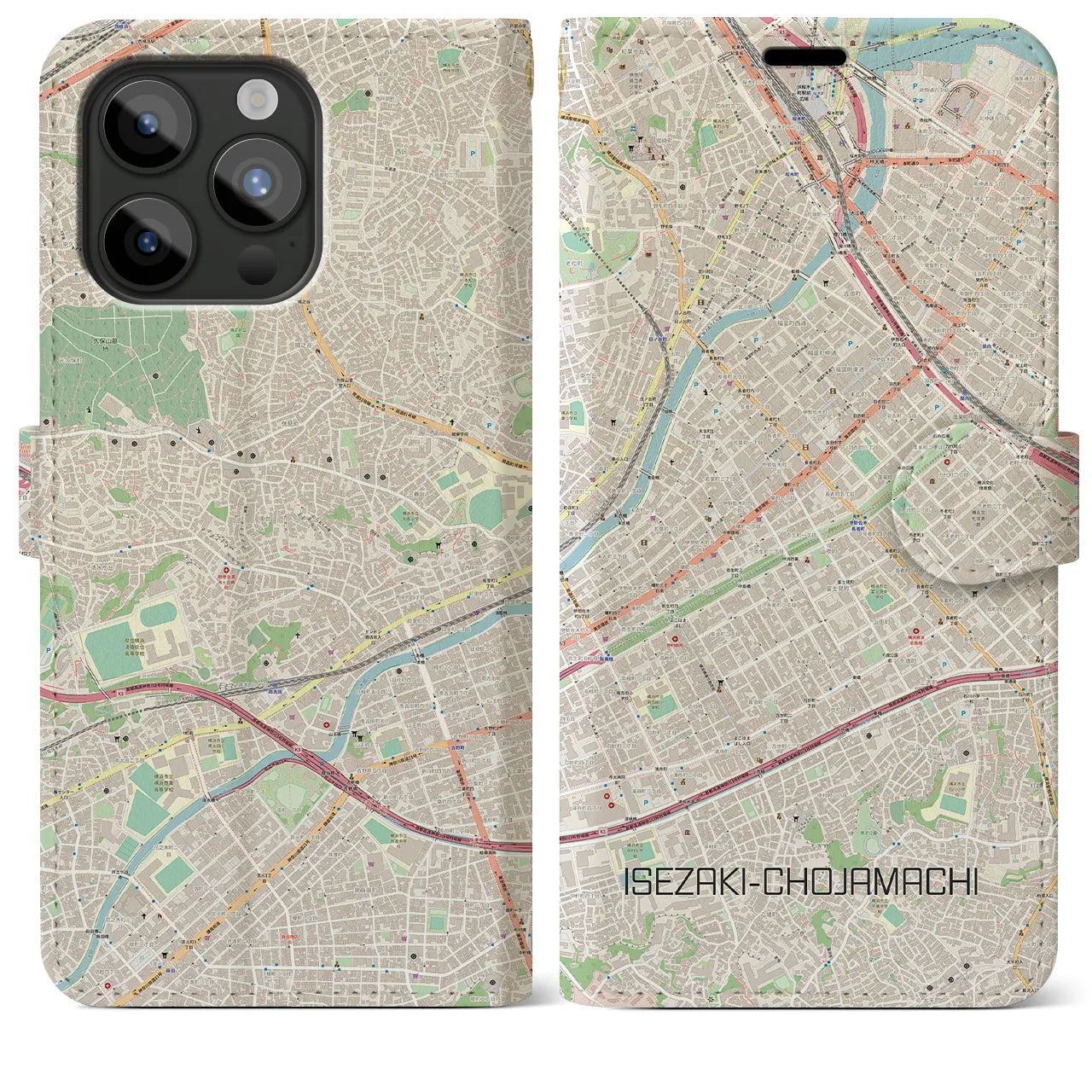 【伊勢佐木長者町(神奈川県)】地図柄iPhoneケース(手帳タイプ)ナチュラル・iPhone 15 Pro Max 用