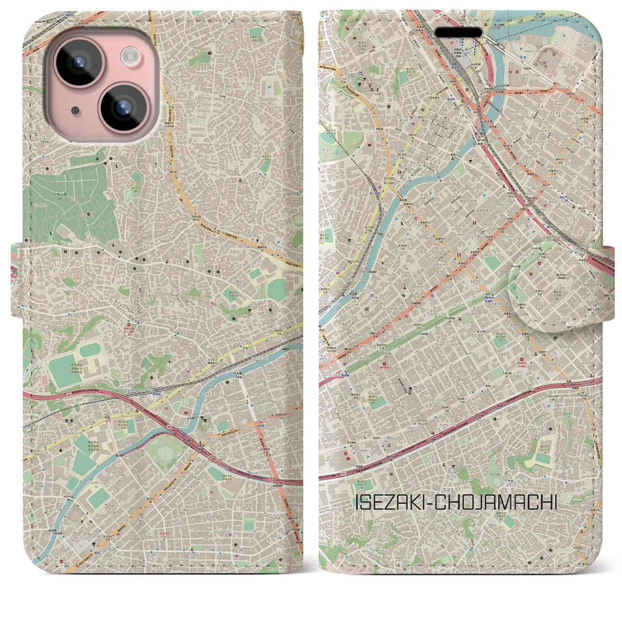 【伊勢佐木長者町(神奈川県)】地図柄iPhoneケース(手帳タイプ)ナチュラル・iPhone 15 Plus 用