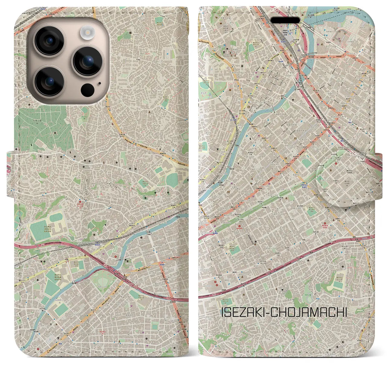 【伊勢佐木長者町(神奈川県)】地図柄iPhoneケース(手帳タイプ)ナチュラル・iPhone 16 Plus 用