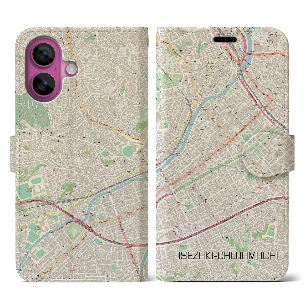 【伊勢佐木長者町(神奈川県)】地図柄iPhoneケース(手帳タイプ)ナチュラル・iPhone 16 Pro 用