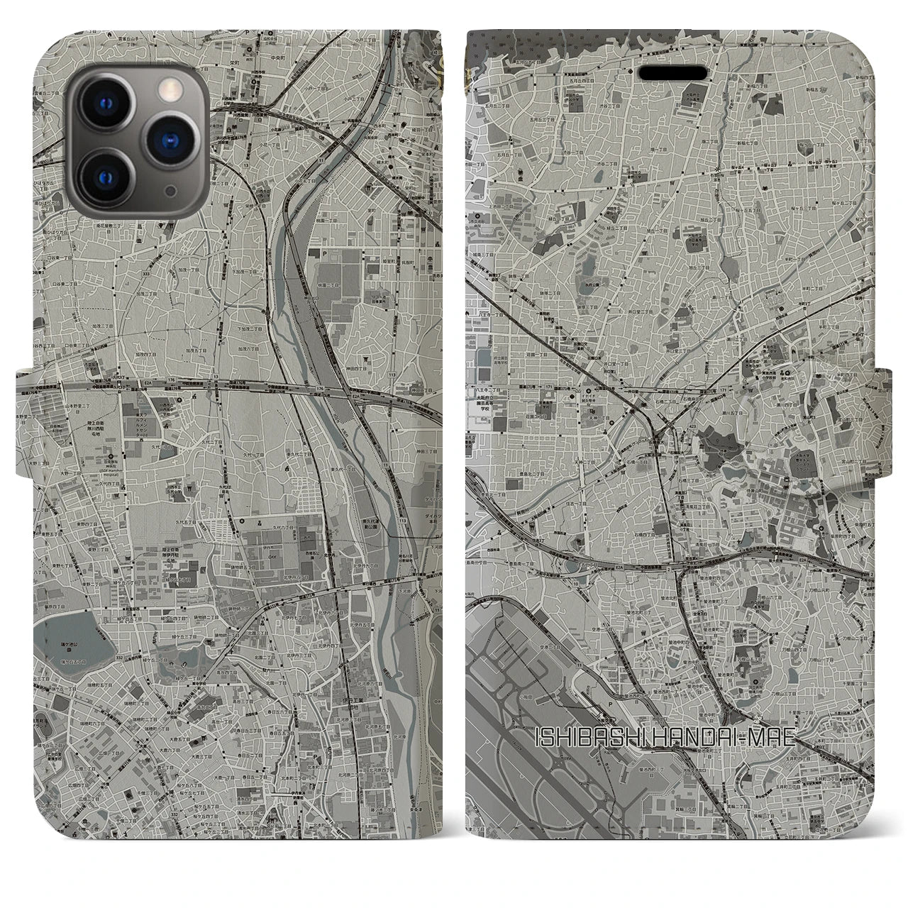 【石橋阪大前(大阪府)】地図柄iPhoneケース(手帳タイプ)モノトーン・iPhone 11 Pro Max 用