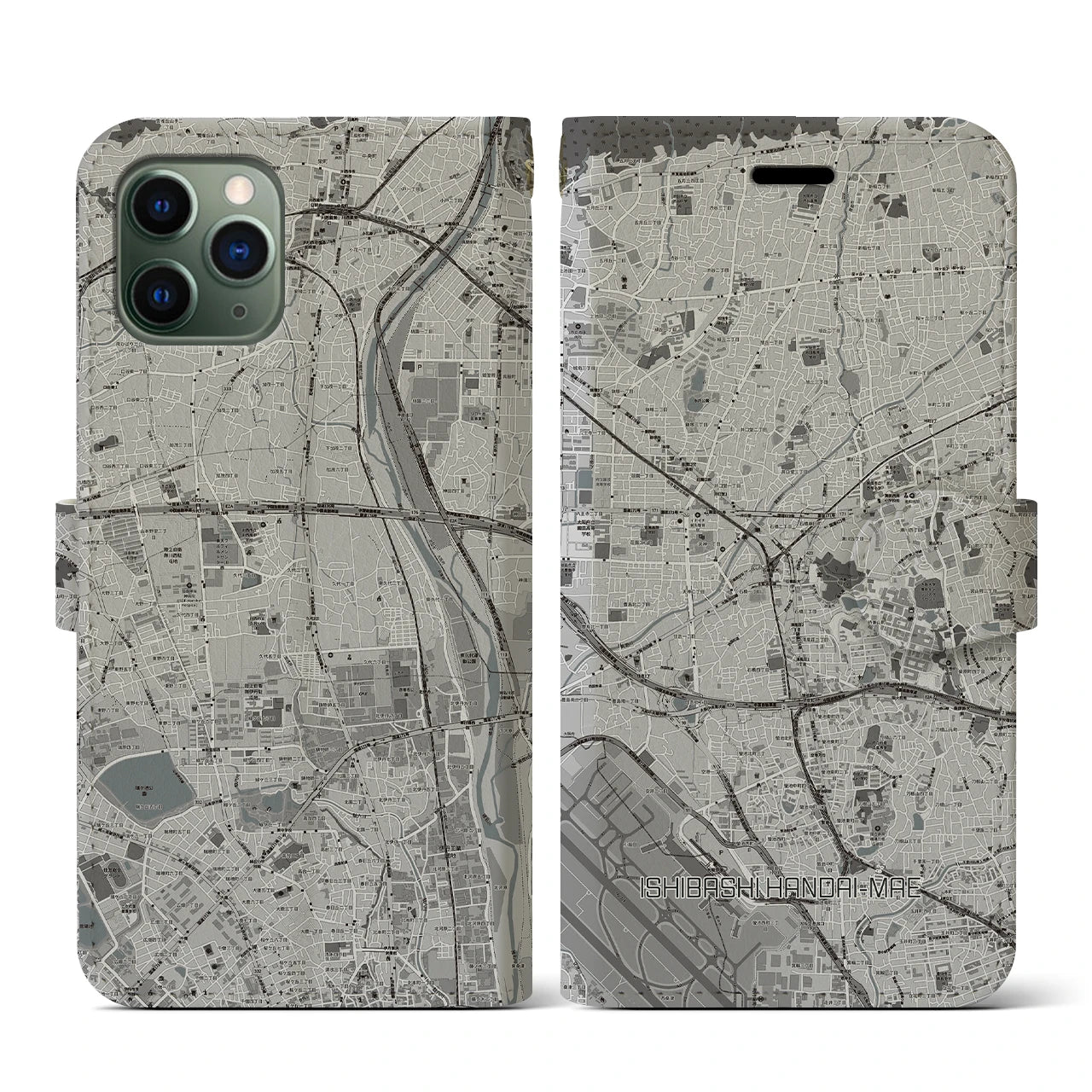 【石橋阪大前(大阪府)】地図柄iPhoneケース(手帳タイプ)モノトーン・iPhone 11 Pro 用