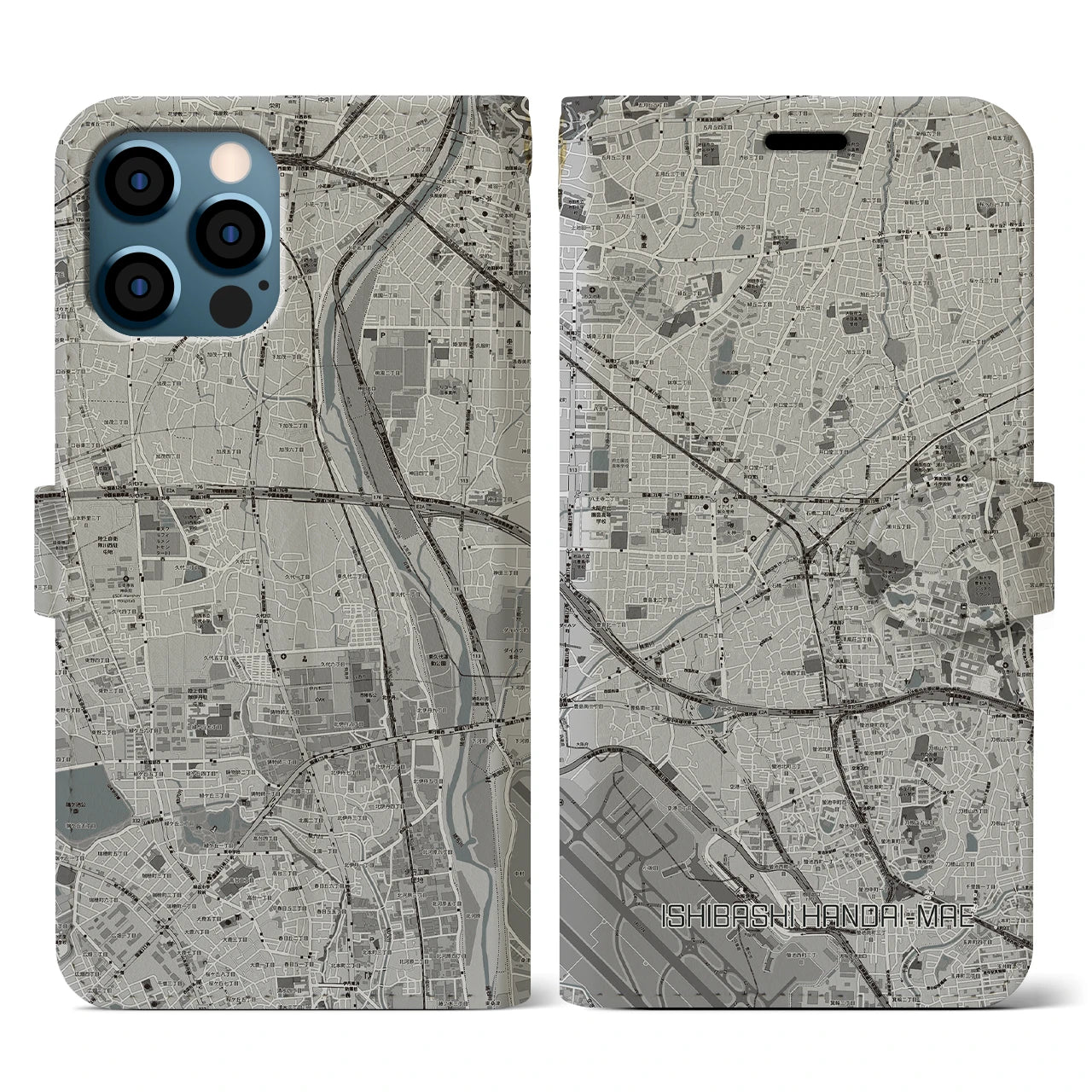 【石橋阪大前(大阪府)】地図柄iPhoneケース(手帳タイプ)モノトーン・iPhone 12 / 12 Pro 用