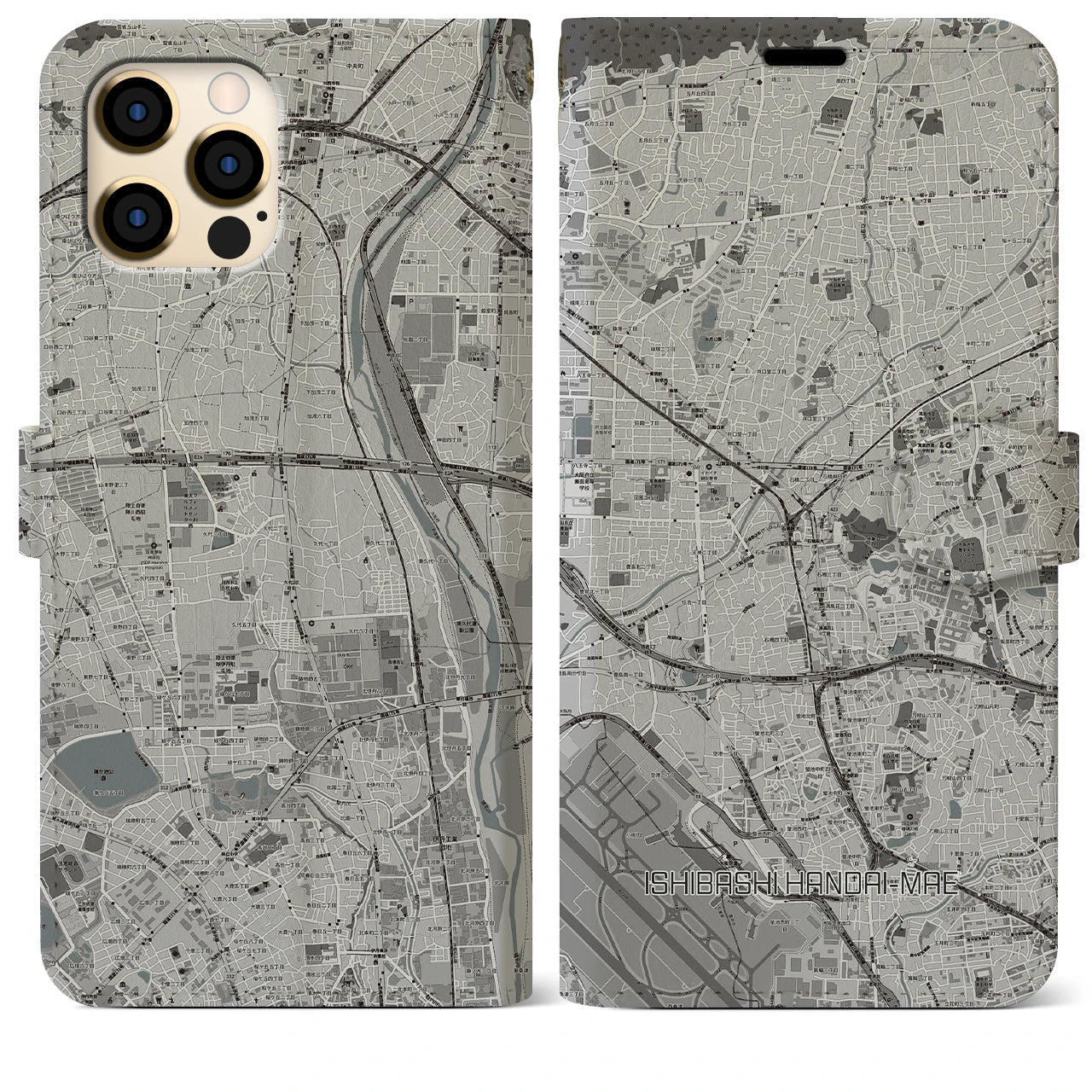 【石橋阪大前(大阪府)】地図柄iPhoneケース(手帳タイプ)モノトーン・iPhone 12 Pro Max 用