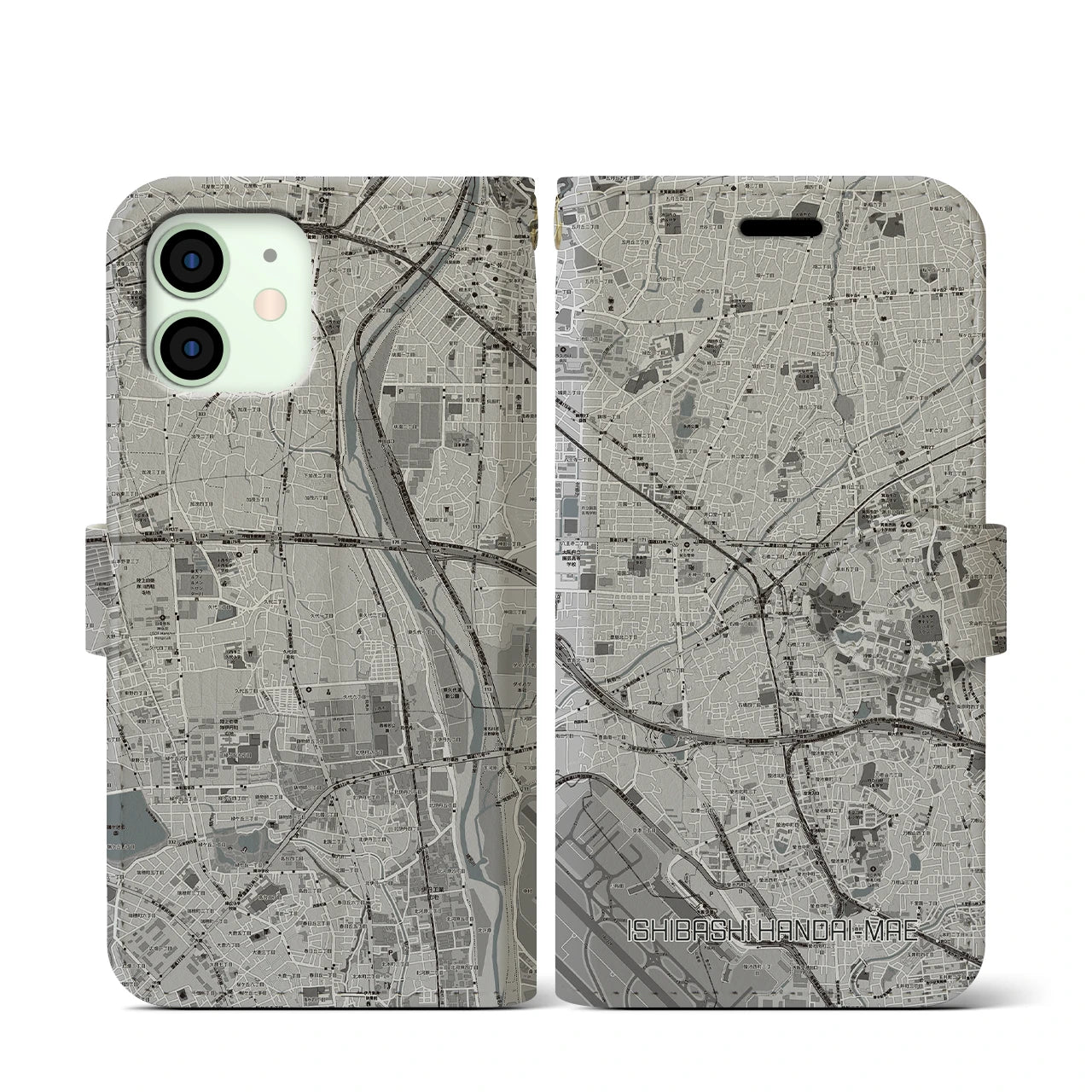 【石橋阪大前(大阪府)】地図柄iPhoneケース(手帳タイプ)モノトーン・iPhone 12 mini 用